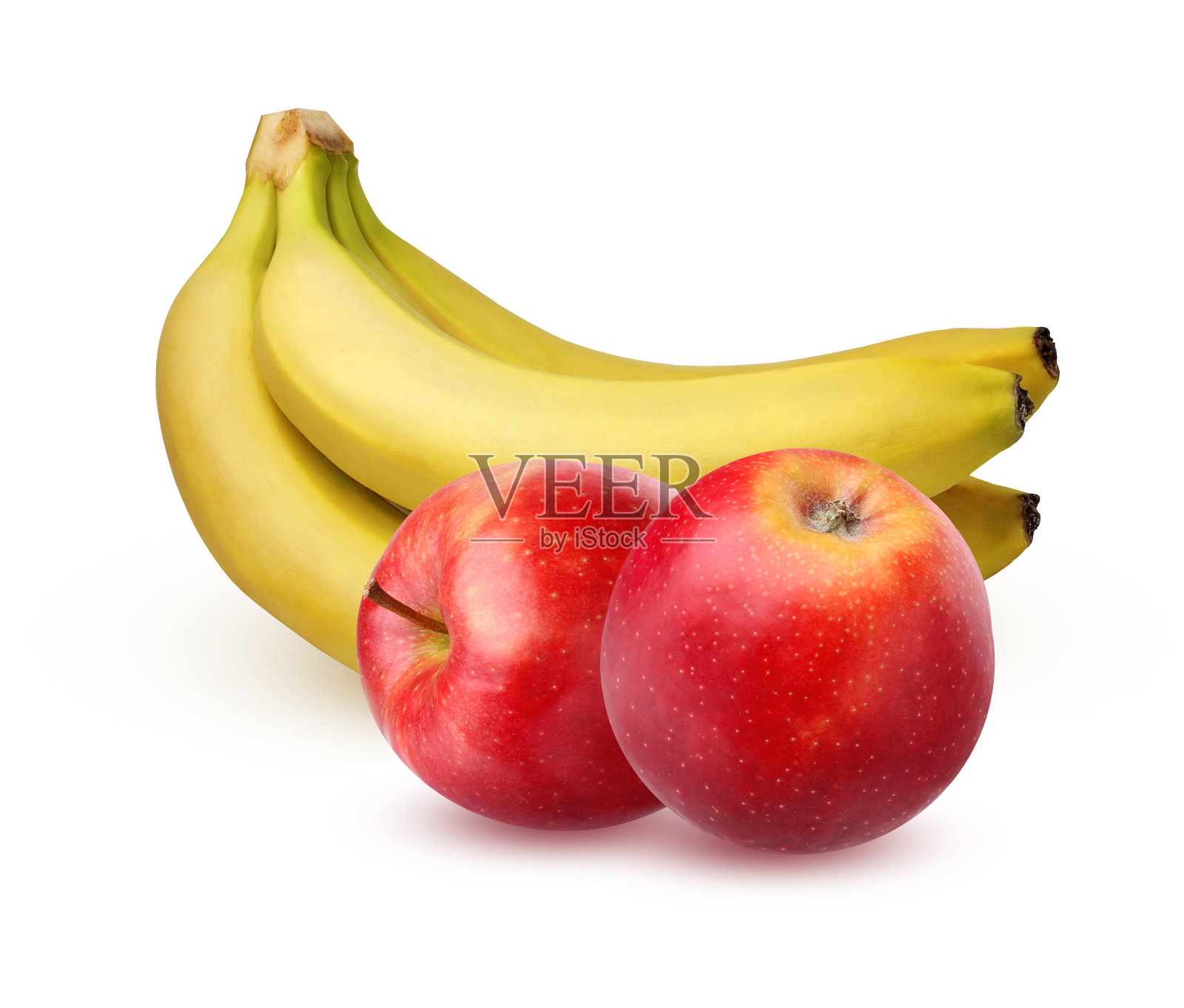 一串成熟的香蕉和苹果，孤立在白色的背景上。照片摄影图片