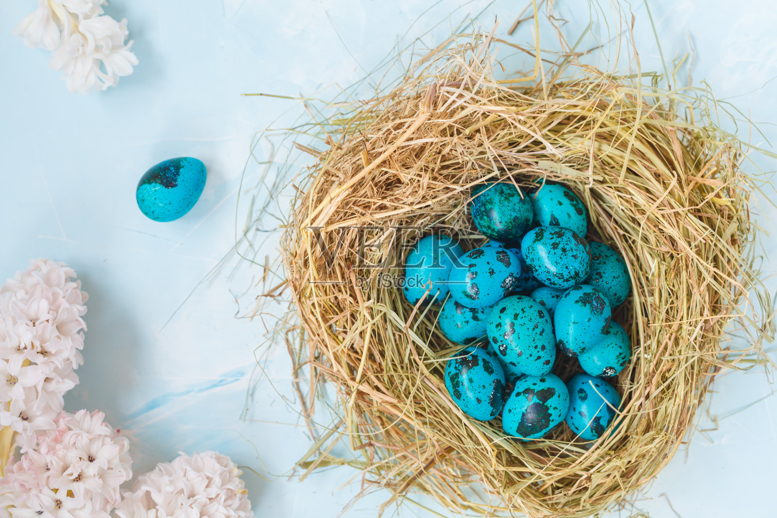 复活节鹌鹑巢里画着蓝色的蛋、花。前视图。复活节的概念。照片摄影图片