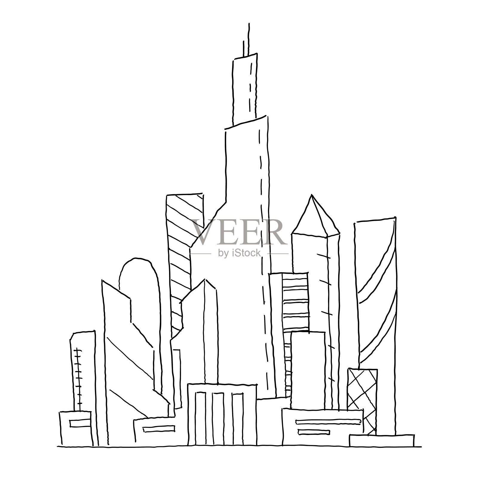 城市的未来。手绘矢量草图插图。建筑摩天大楼建筑景观。非常高的建筑。商务中心设计元素图片