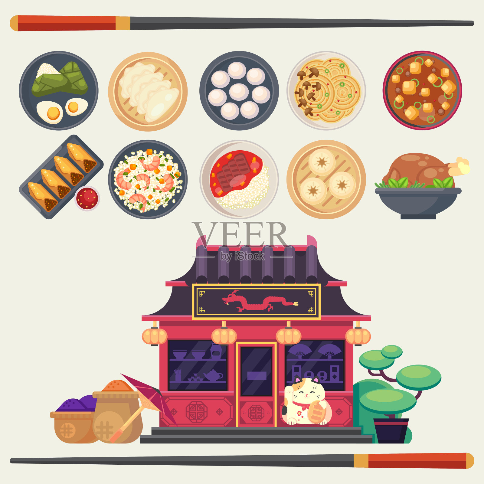 矢量彩色插图在平面风格与不同类型的亚洲美食和传统中国食品店eps10插画图片素材