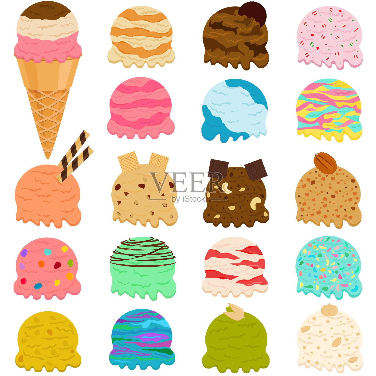 可爱的矢量插图一套冰淇淋球，许多色彩丰富的口味与顶部的威化筒孤立在白色的背景插画图片素材