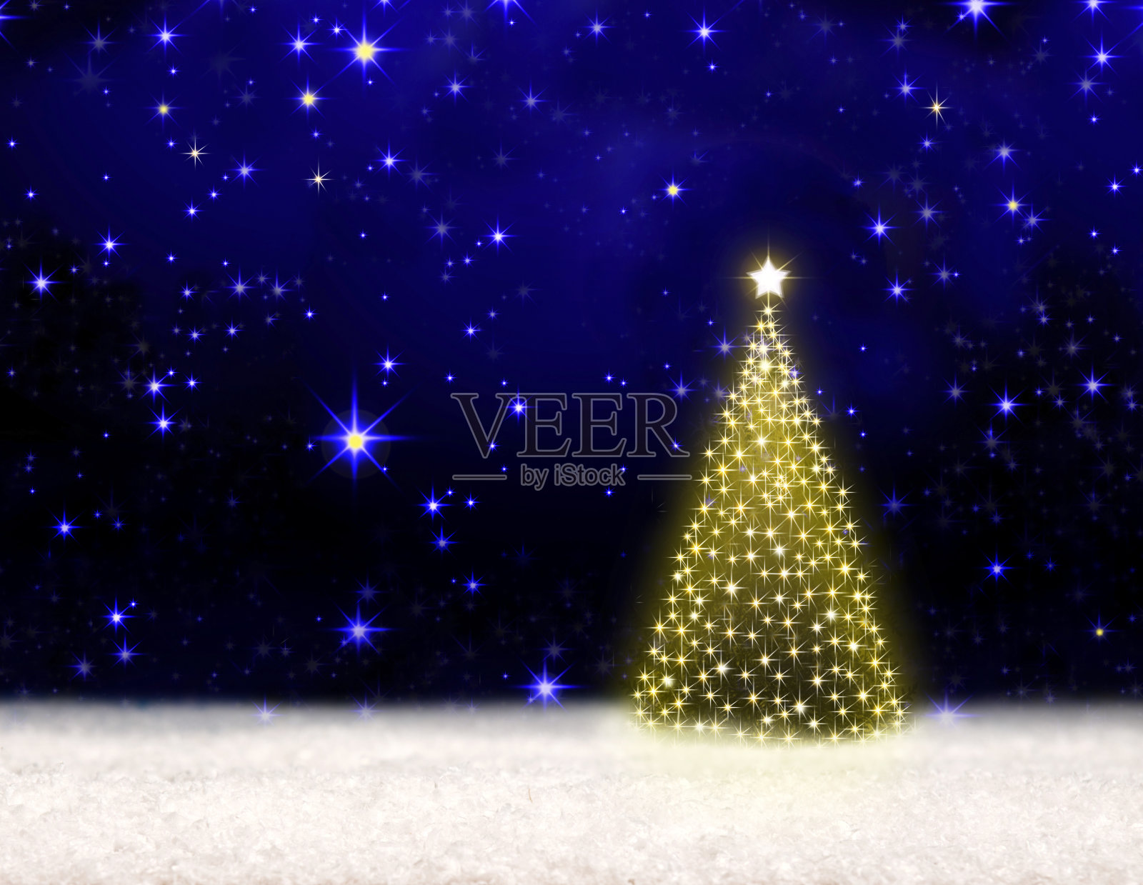 金色的圣诞树孤立在夜空的星星插画图片素材