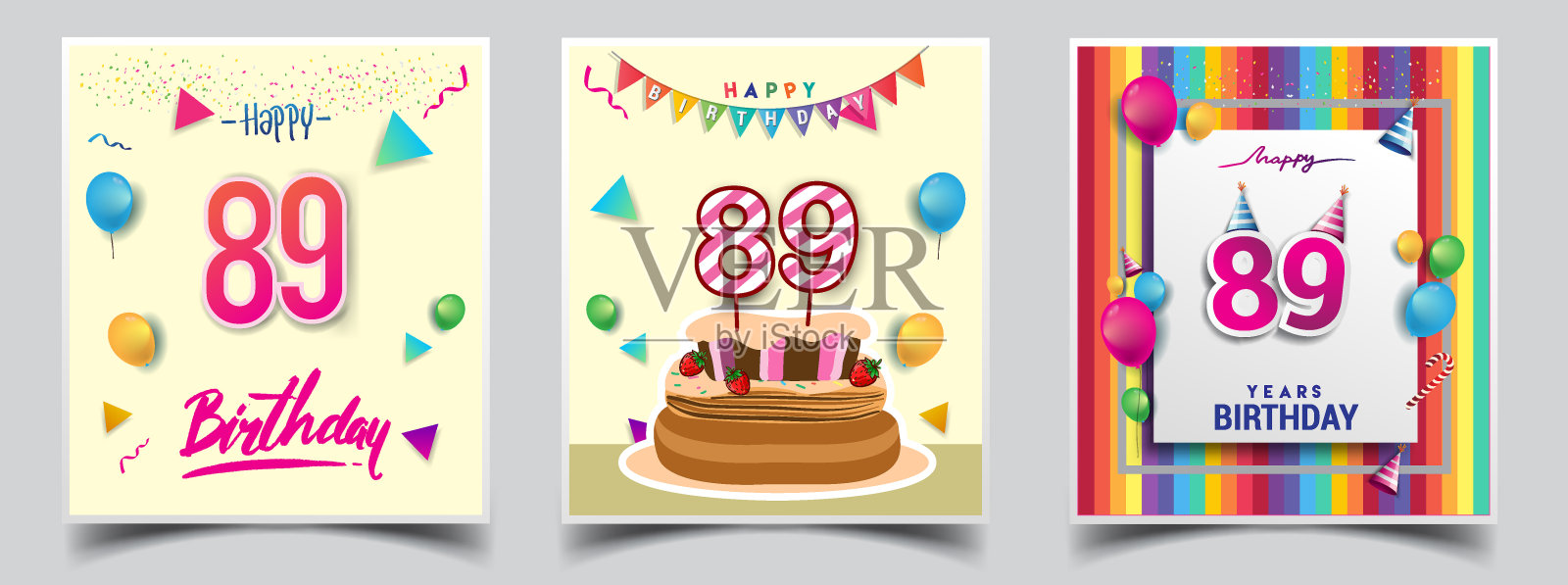 矢量组生日邀请，贺卡设计，与五彩纸屑和气球，生日蛋糕，彩色矢量模板元素为您的生日庆祝会。插画图片素材
