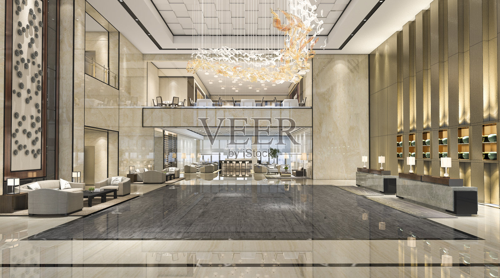 3d渲染豪华酒店接待大厅和酒廊餐厅照片摄影图片