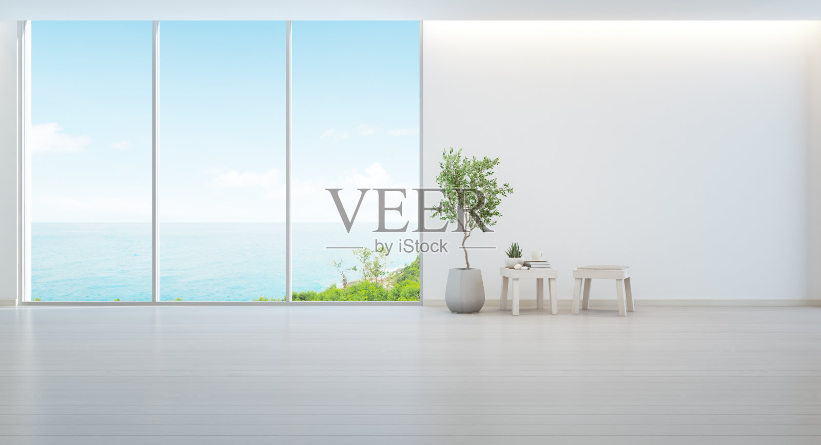 室内植物木地板和最小的家具与空白的白墙背景，在现代豪华海滩别墅或酒店的海景客厅休息室照片摄影图片