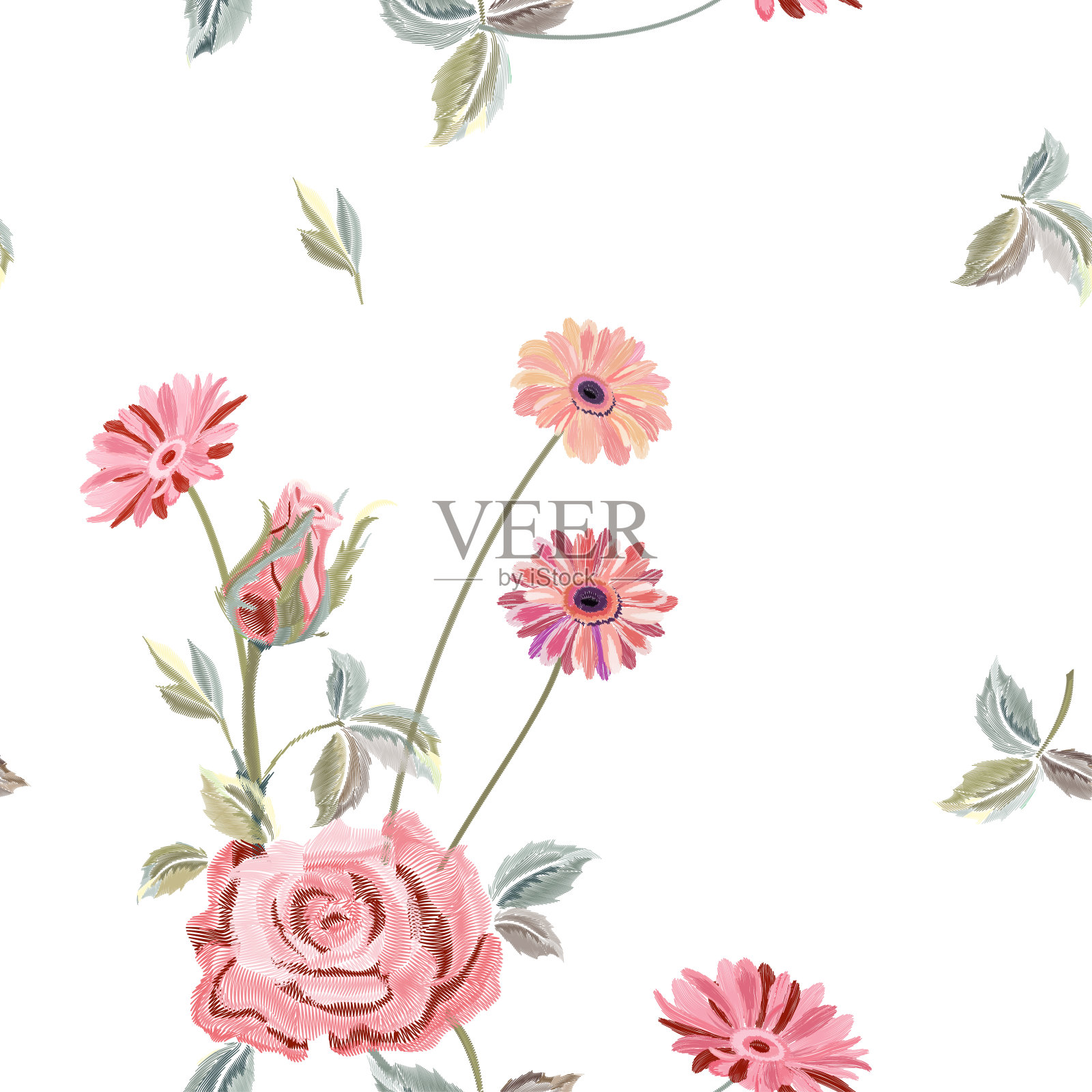 矢量方形花卉无缝模式与粉红玫瑰，非洲菊，帆布刺绣。红色，粉红色的花朵，白色背景上的叶子，数字绘制，装饰为时尚，矢量插画图片素材