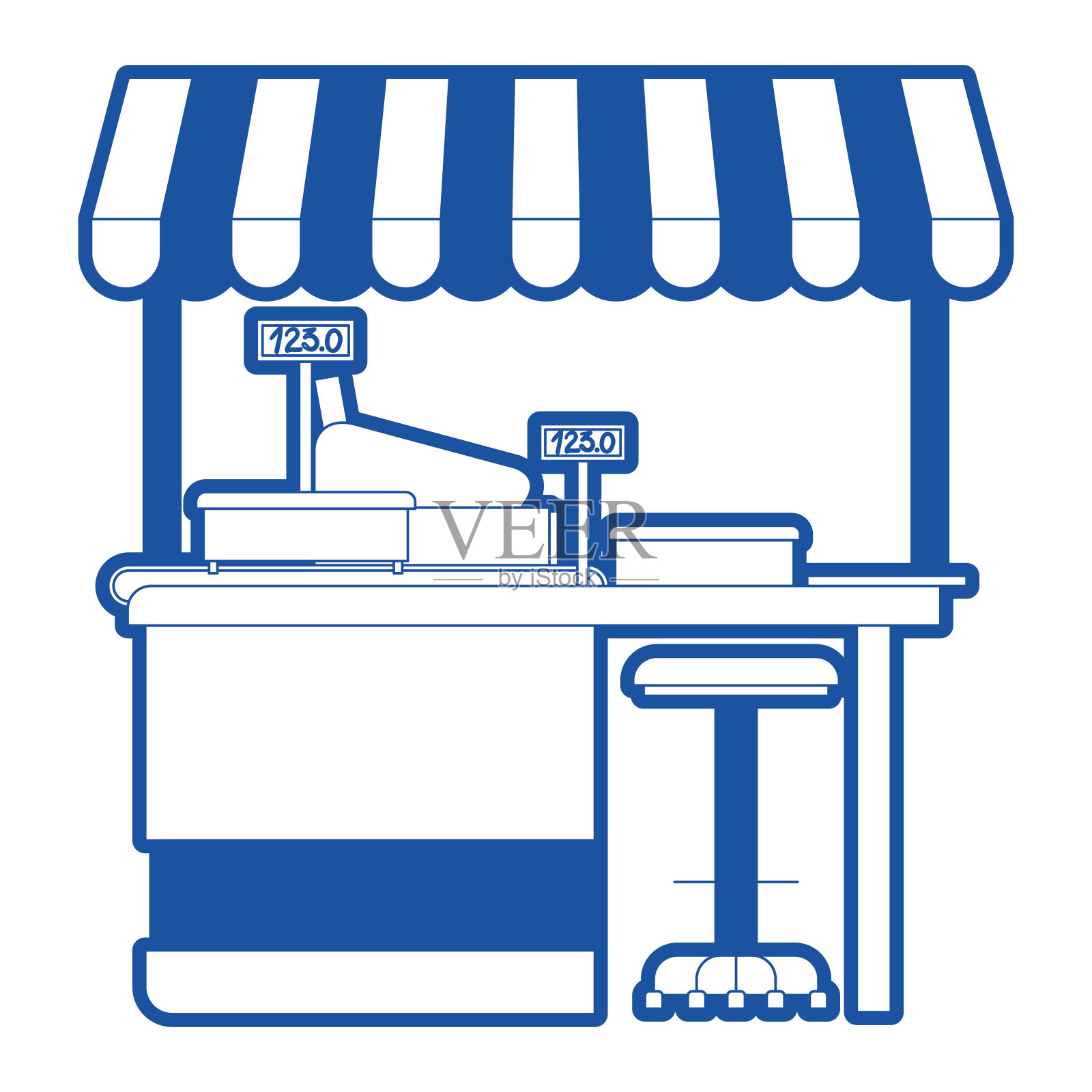 超市货架与称重机和收银机与蓝色剪影遮阳伞插画图片素材