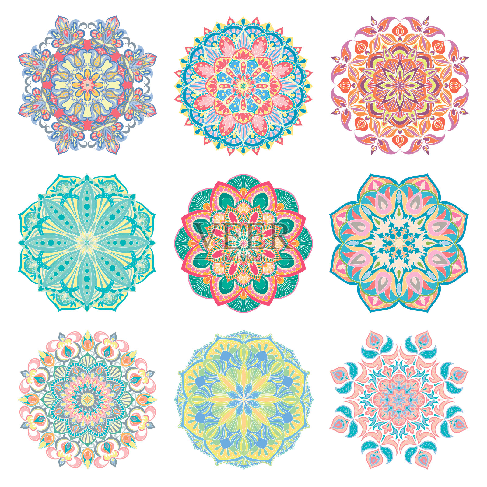 9套手绘彩色矢量阿拉伯彩色曼荼罗在白色的背景。设计元素图片
