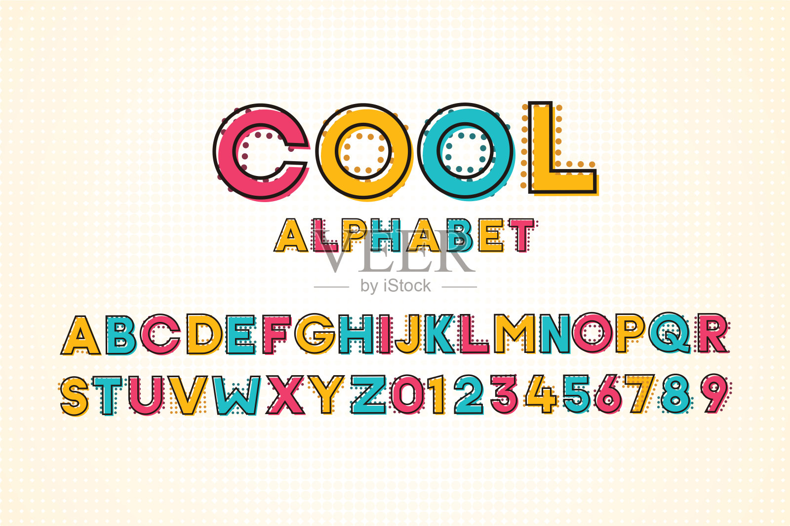 矢量现代酷流行字体和字母与半色调效果插画图片素材