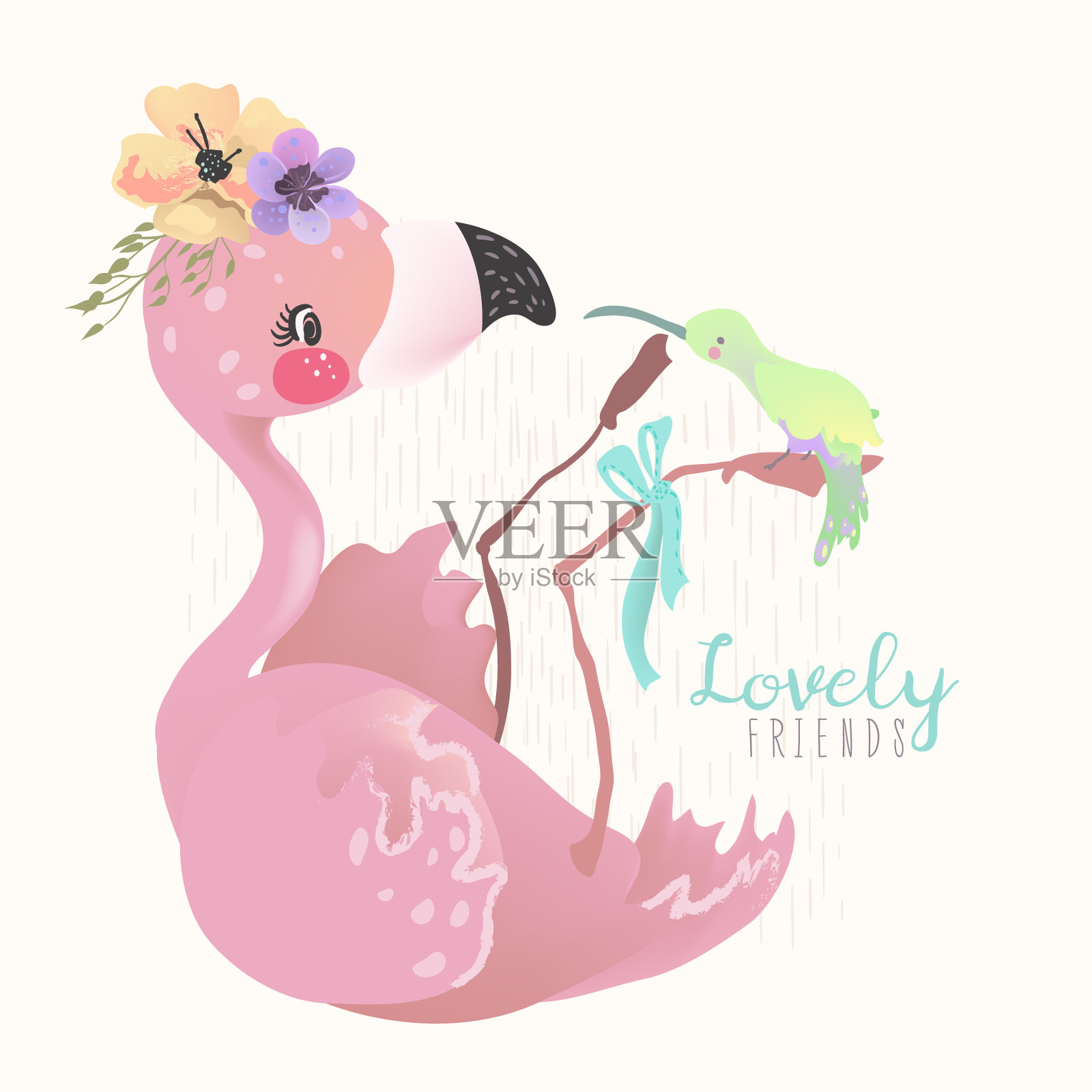 可爱的梦想火烈鸟粉红色的婴儿公主异国情调的鸟与热带花朵插画图片素材