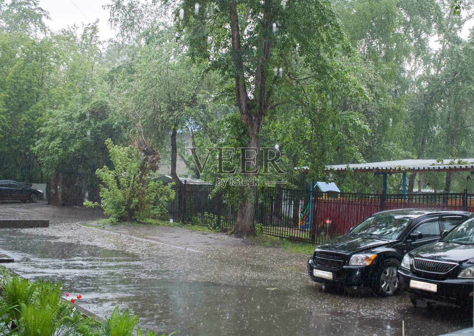 夏天城市里瓢泼大雨。有柏油路和黑色汽车的小院。照片摄影图片