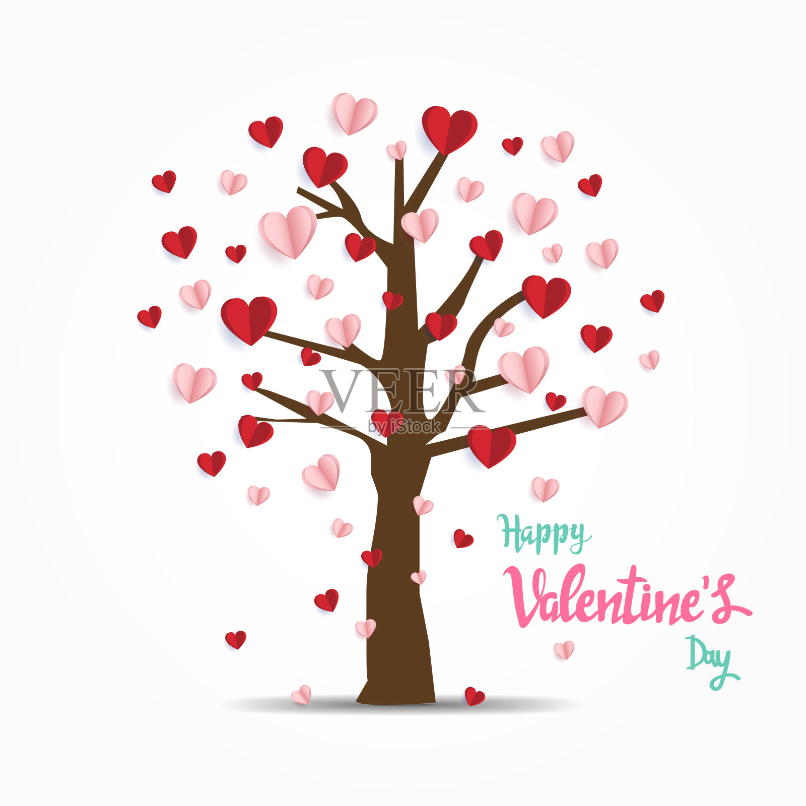 情人节快乐。有创意的红色和粉红色的爱气球在树上。最小的概念。矢量图插画图片素材
