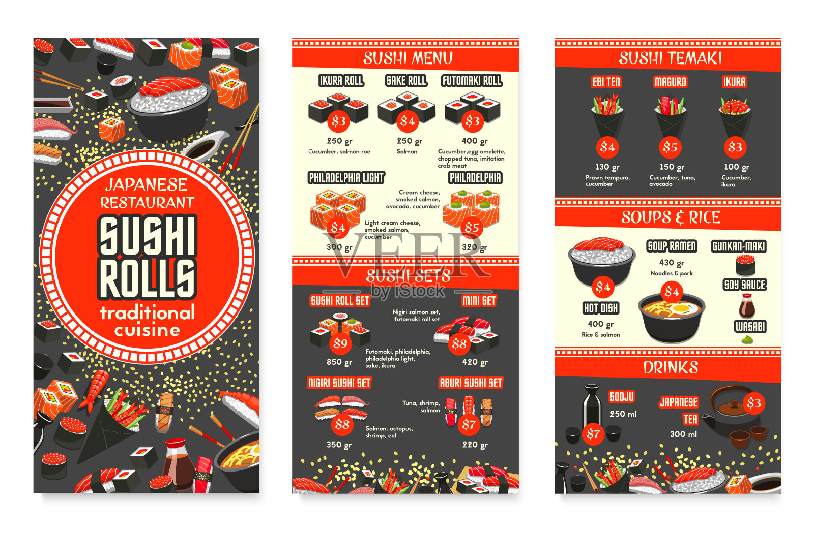 矢量日本料理亚洲美食菜单设计插画图片素材