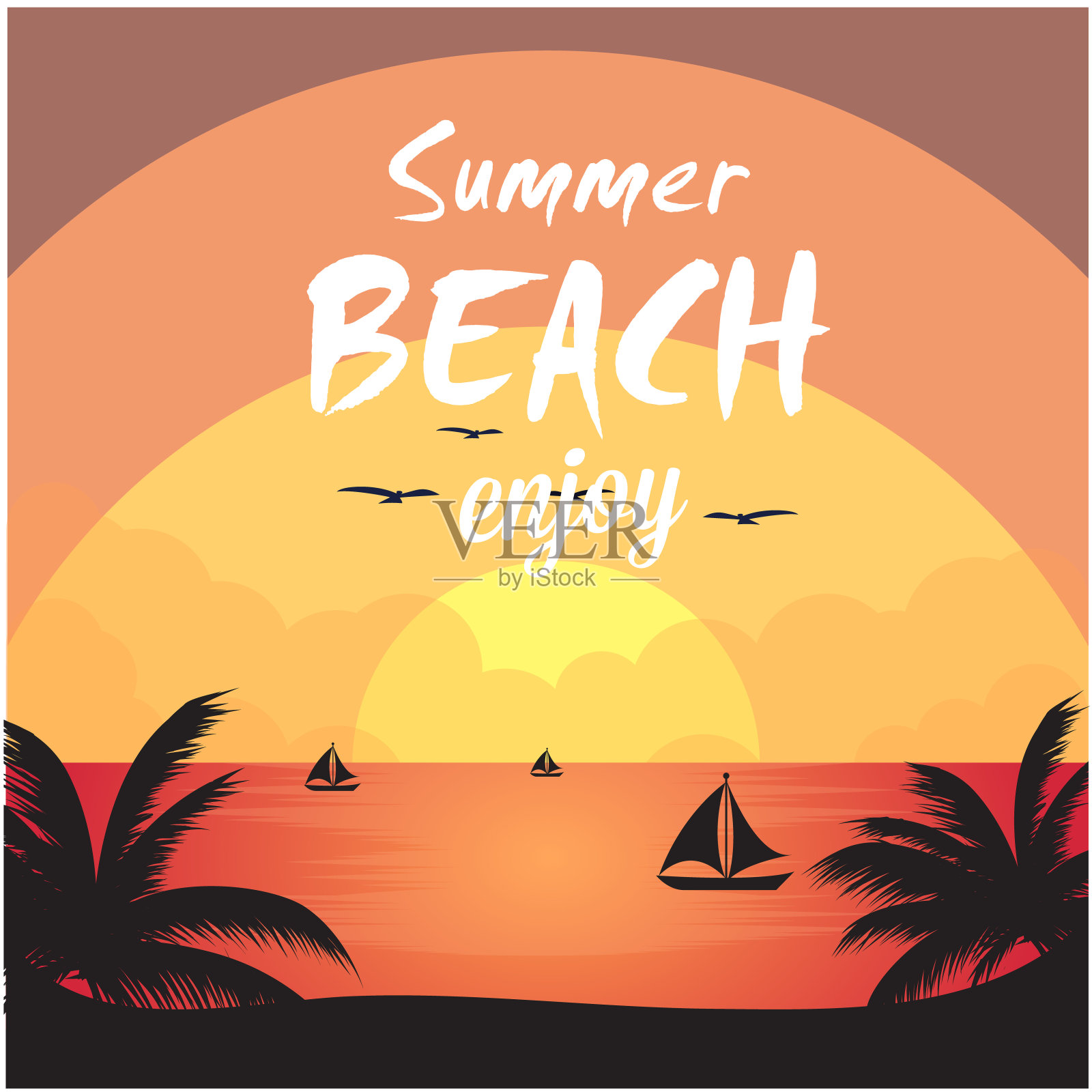 夏日海滩享受大海日落橙色背景矢量图像插画图片素材
