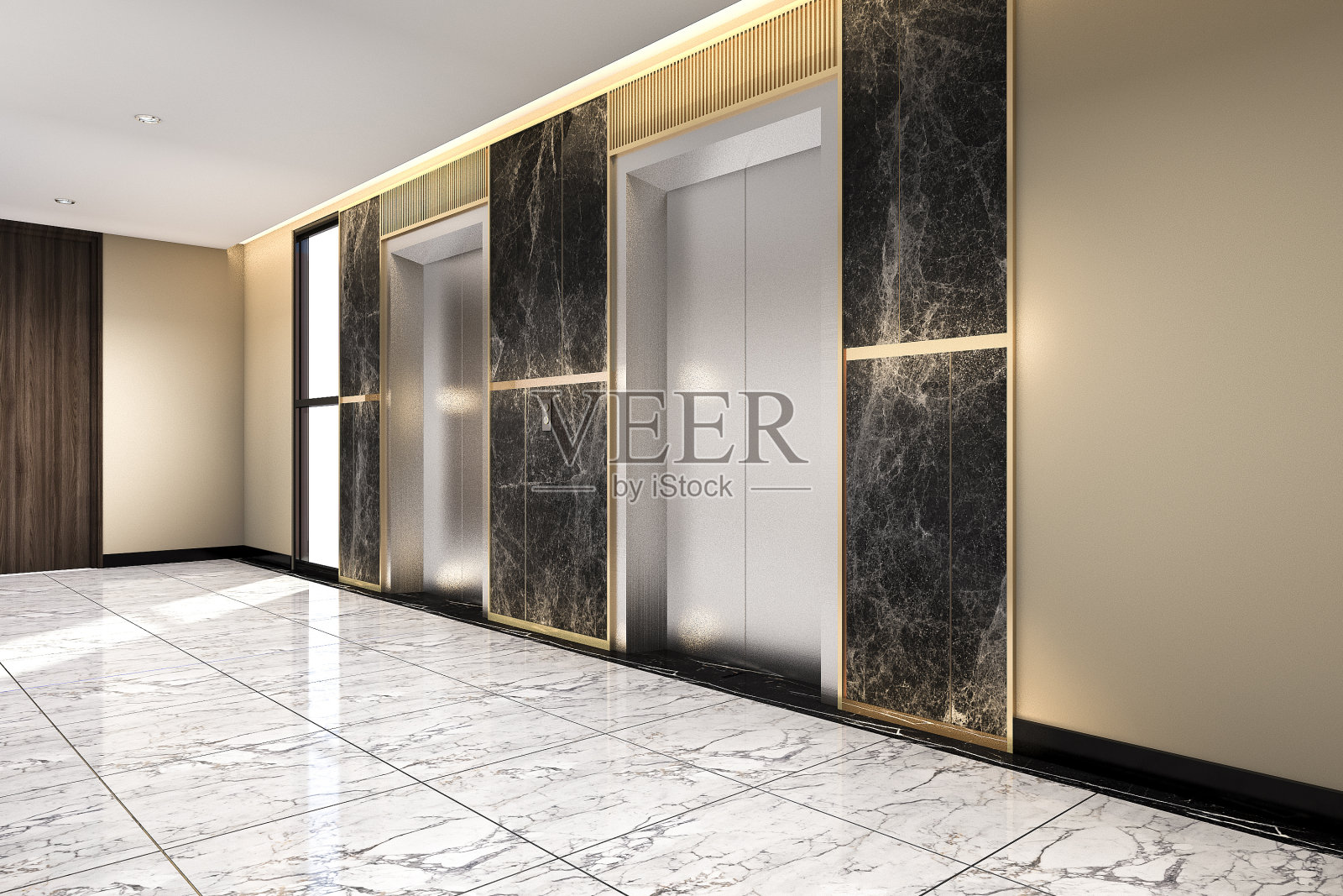 3d渲染现代钢电梯大堂商务酒店与豪华设计照片摄影图片