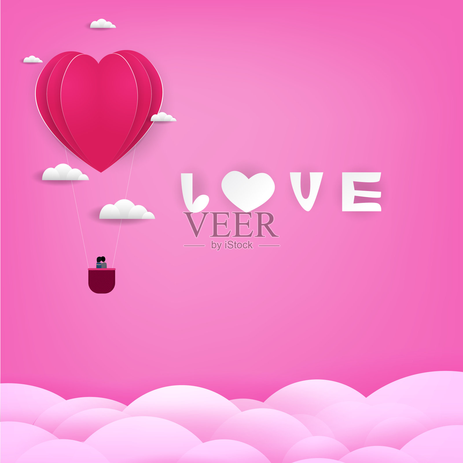 红色和粉色气球心形纸与情人在粉红色的天空背景与女人和男人和爱的信息设计，情人节，矢量插图插画图片素材