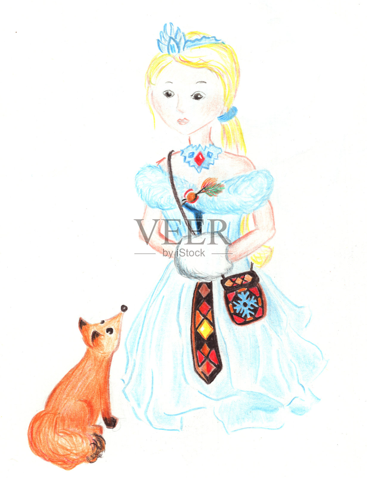 冬天的公主与狐狸在白色的背景。女士冬季彩色铅笔儿童书插图。插画图片素材