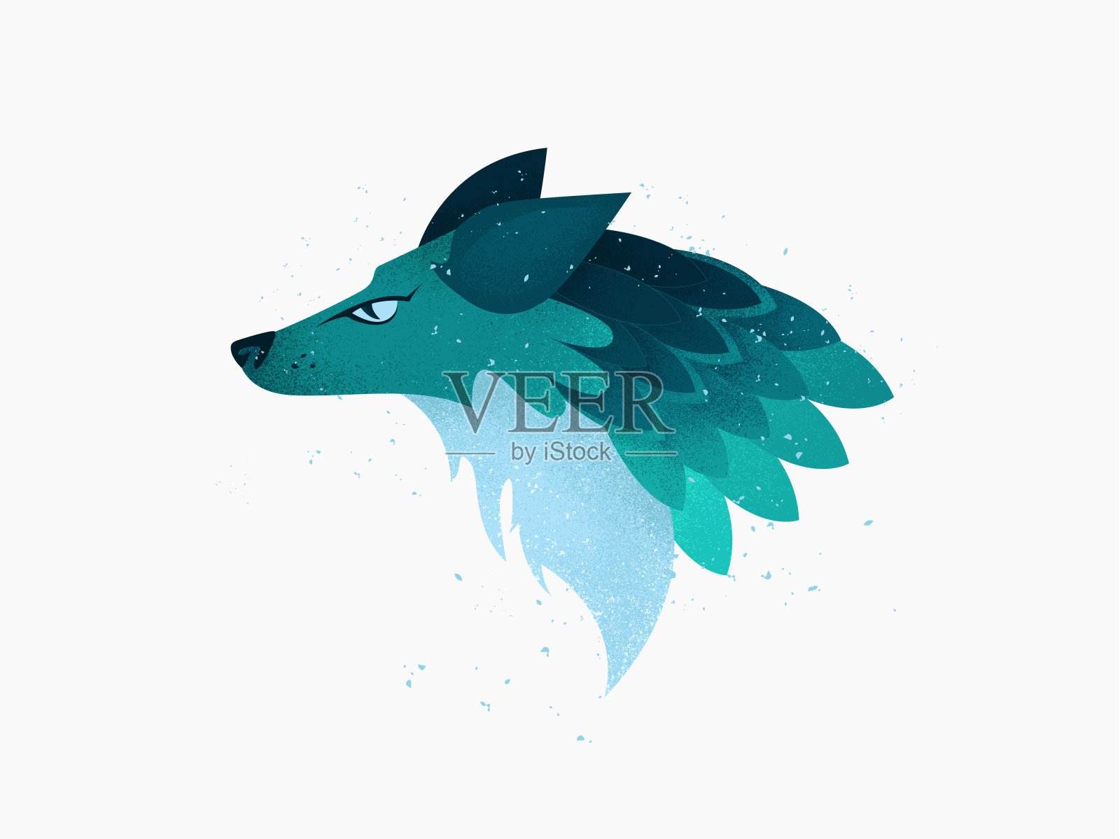 插图:一个假想的狼或狐狸或狗动物的头在蓝色和绿松石颜色与纹理。插画图片素材