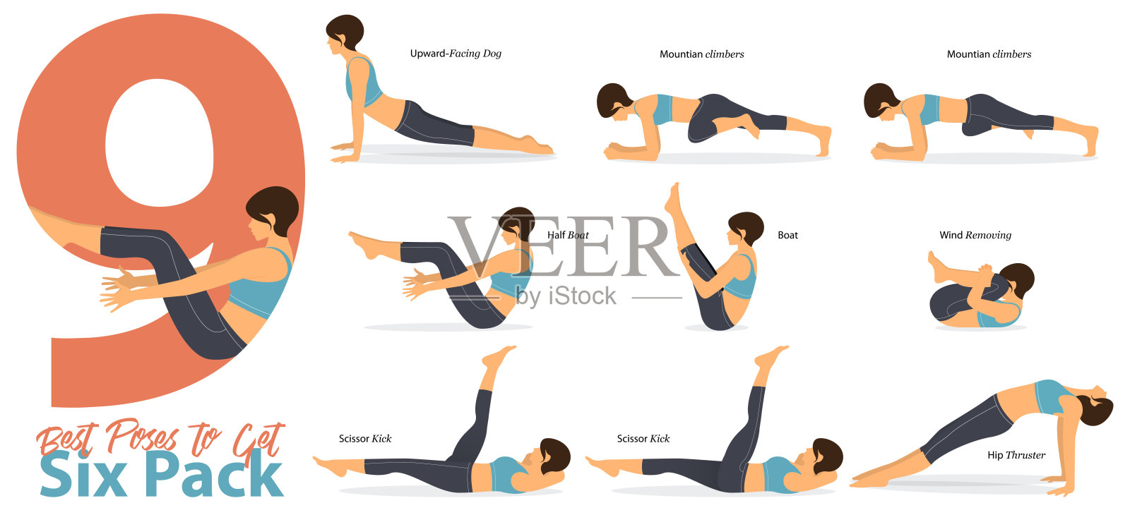 一套瑜伽姿势女性数字为信息图9瑜伽最佳姿势获得六块腹肌在平面设计。女人在蓝色运动服和黑色瑜伽裤锻炼。向量。插画图片素材