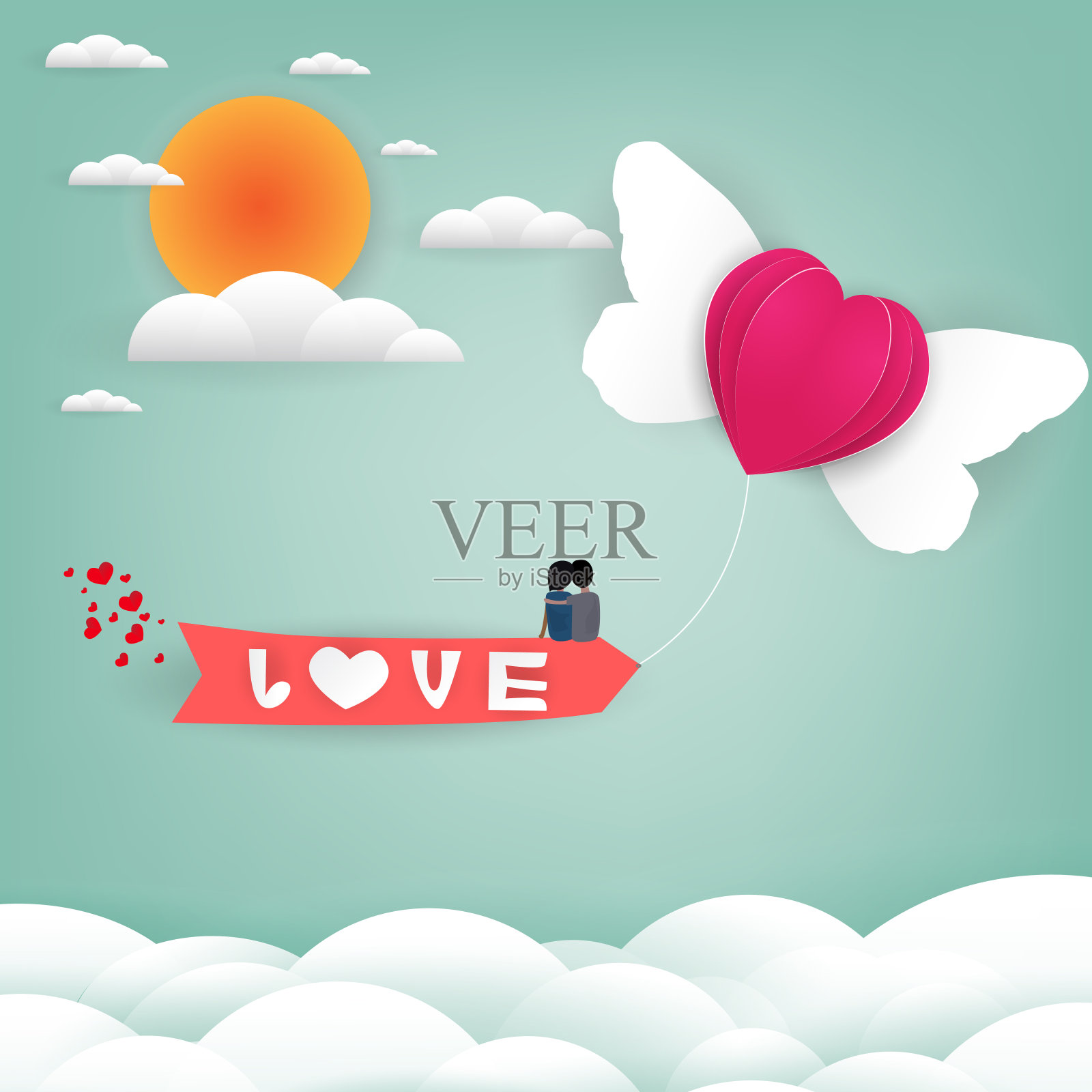 红色和粉色心形纸与情人在蓝天的背景与爱的信息设计，情人节，矢量插图插画图片素材