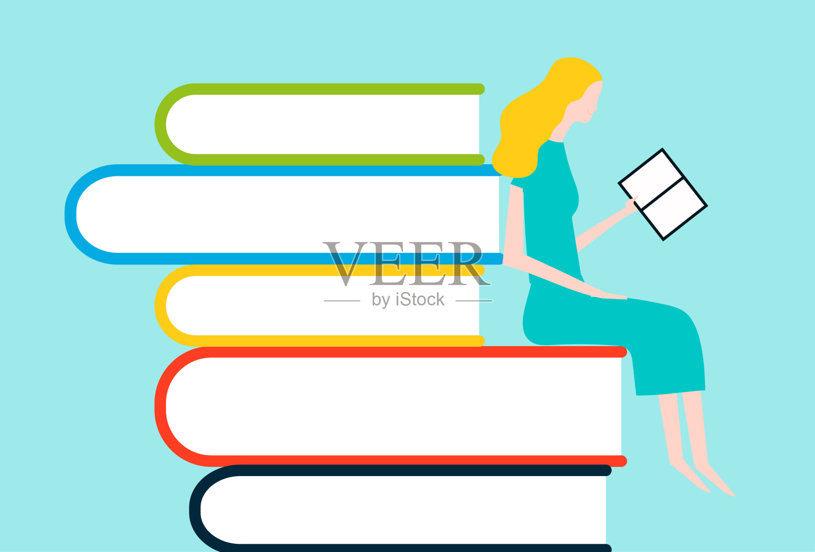 快乐的女人阅读的书塔-向量彩色插图孤立的背景插画图片素材