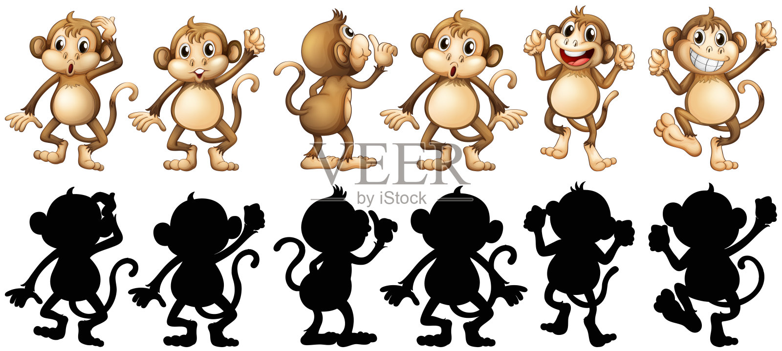猴子和它的剪影在不同的帖子设计元素图片