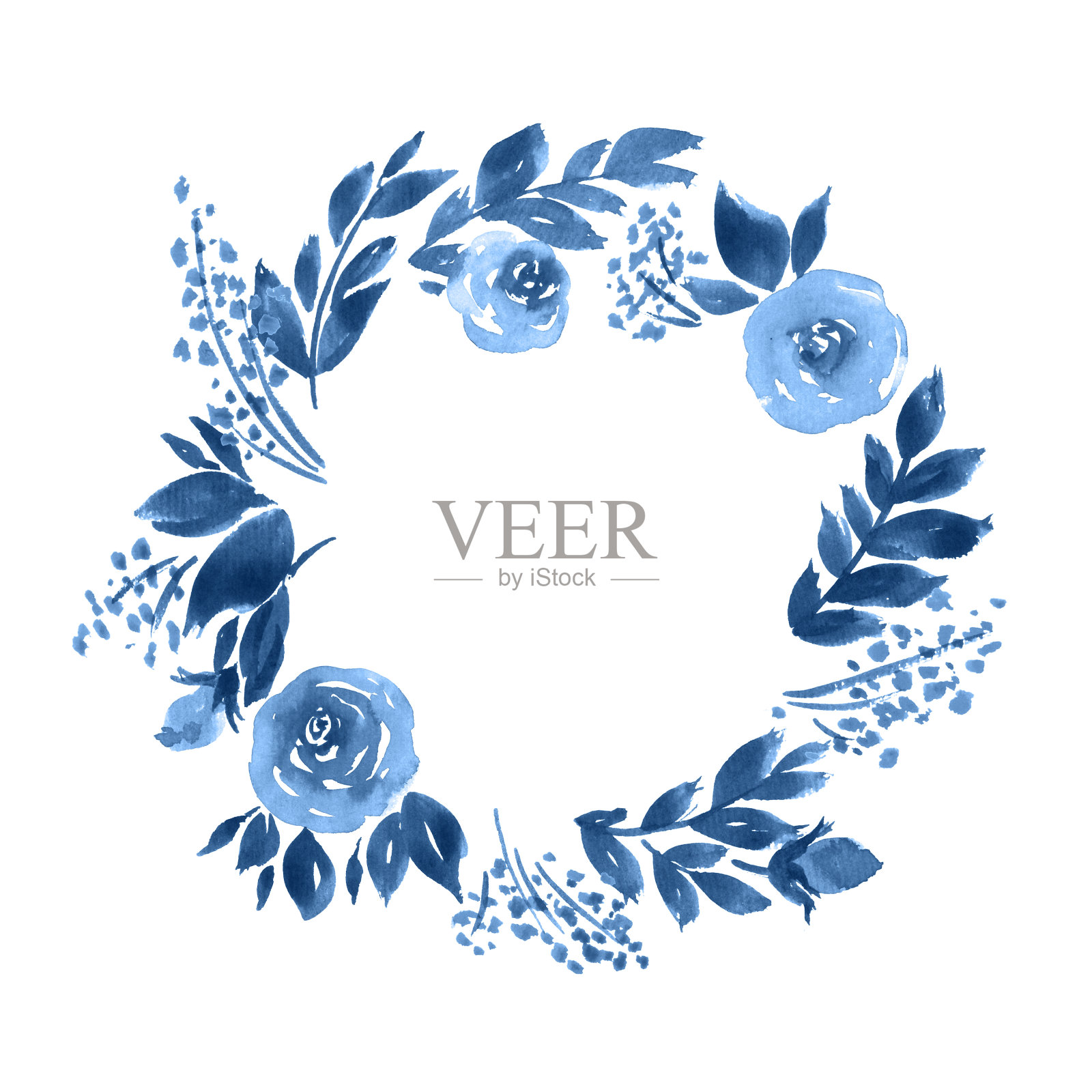 水彩玫瑰花环。手工绘制的花卉构成在靛蓝色插画图片素材