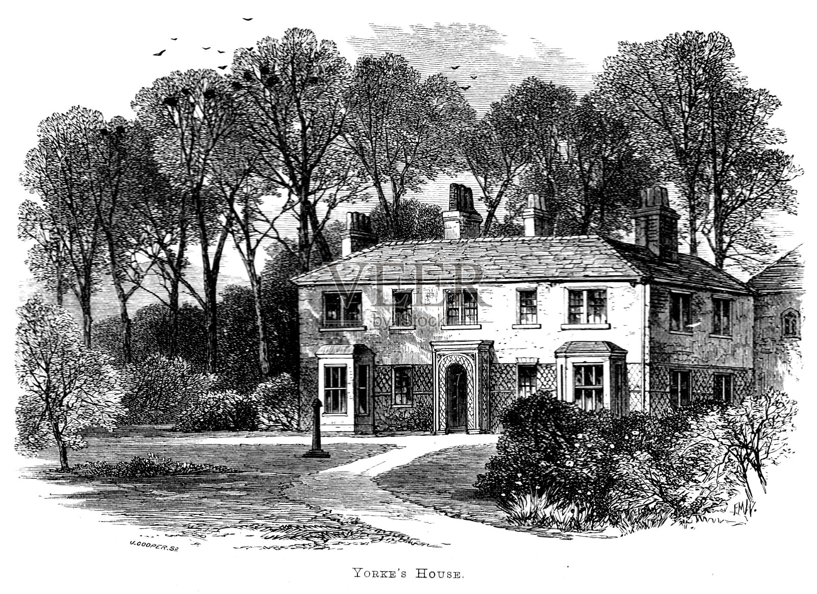 维多利亚时代的故事插图;夏洛蒂·勃朗特《雪莉》中的约克之家，以1878年约克郡戈美萨尔的红屋或荆棘屋为原型插画图片素材