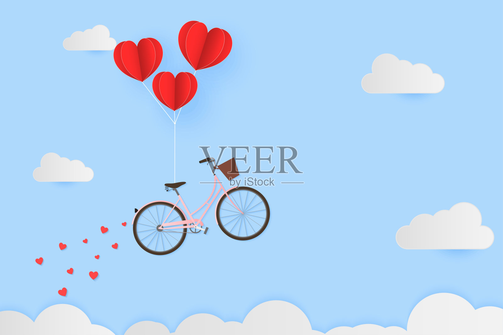 情人节，气球心挂自行车，飘浮在天空，彩云洒心。纸艺术风格。矢量图插画图片素材