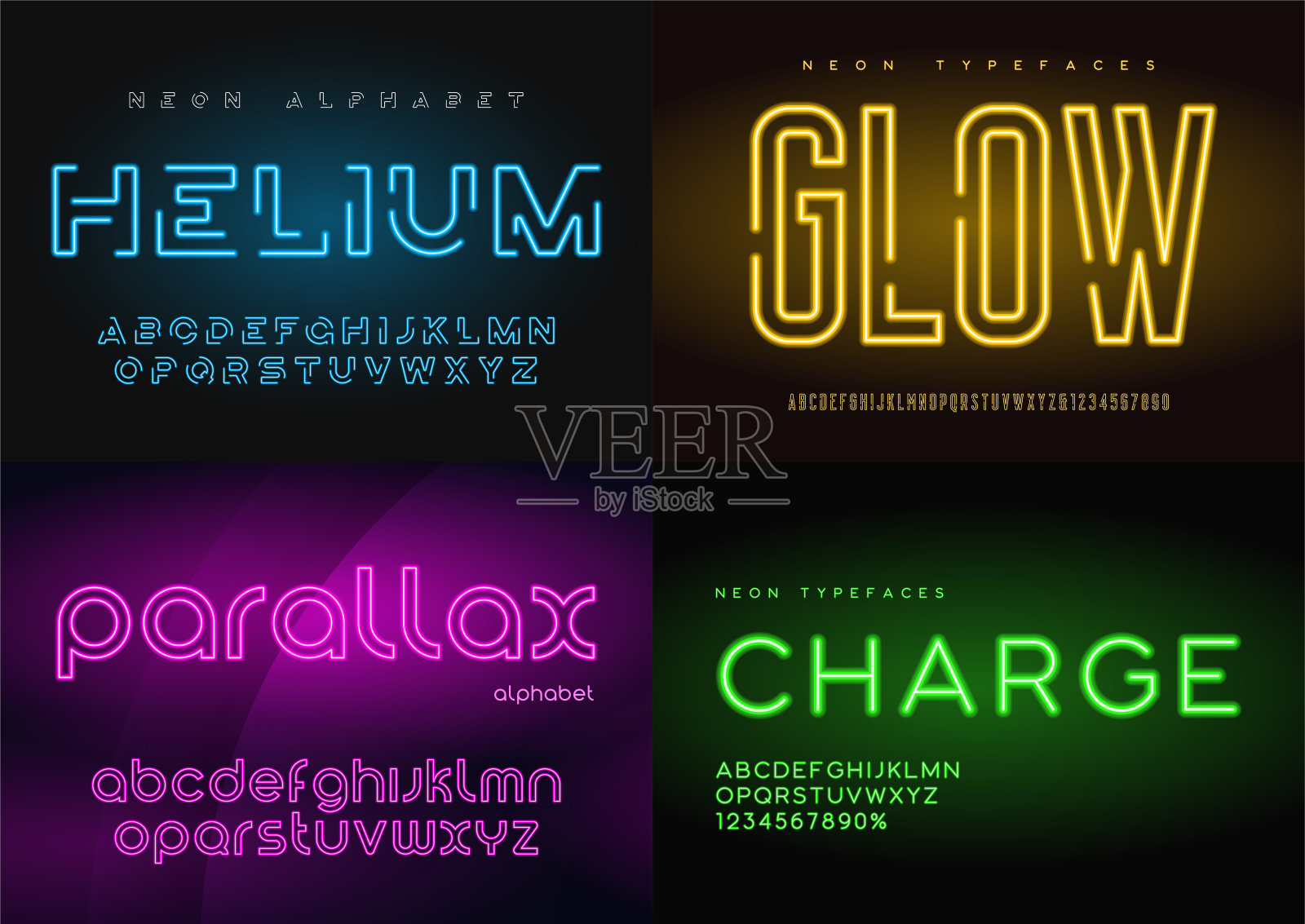 一组发光的霓虹灯矢量字体，字母，字母，字体，排版插画图片素材