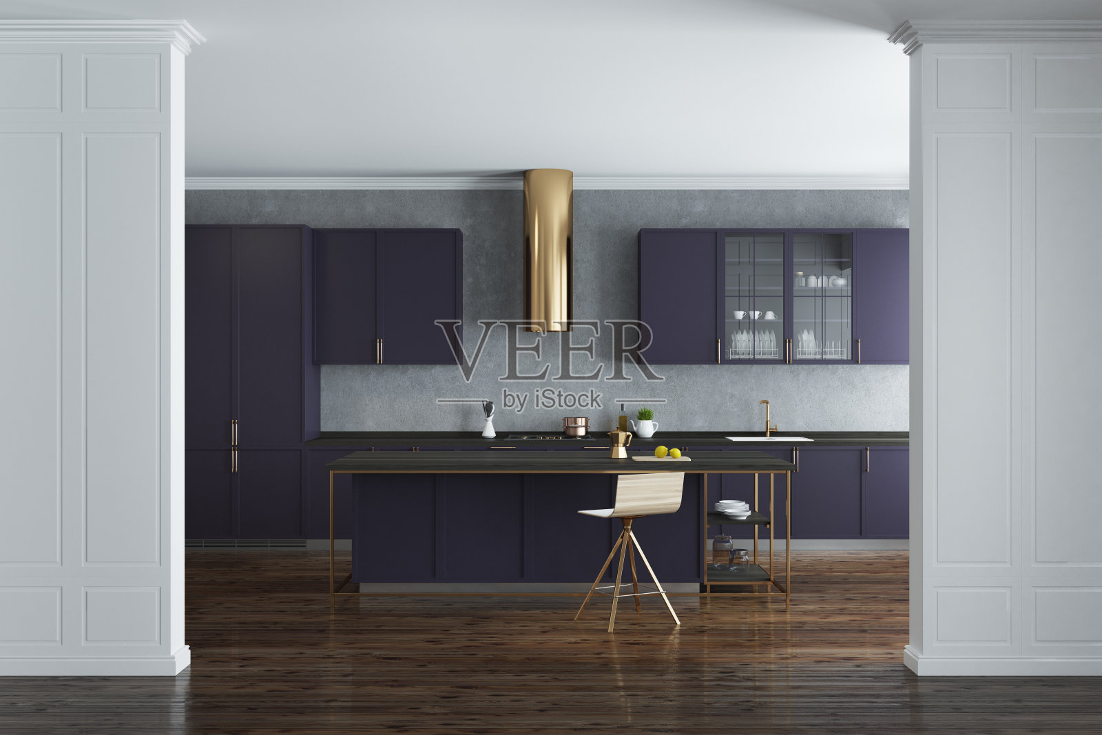 白色混凝土厨房，紫色台面照片摄影图片
