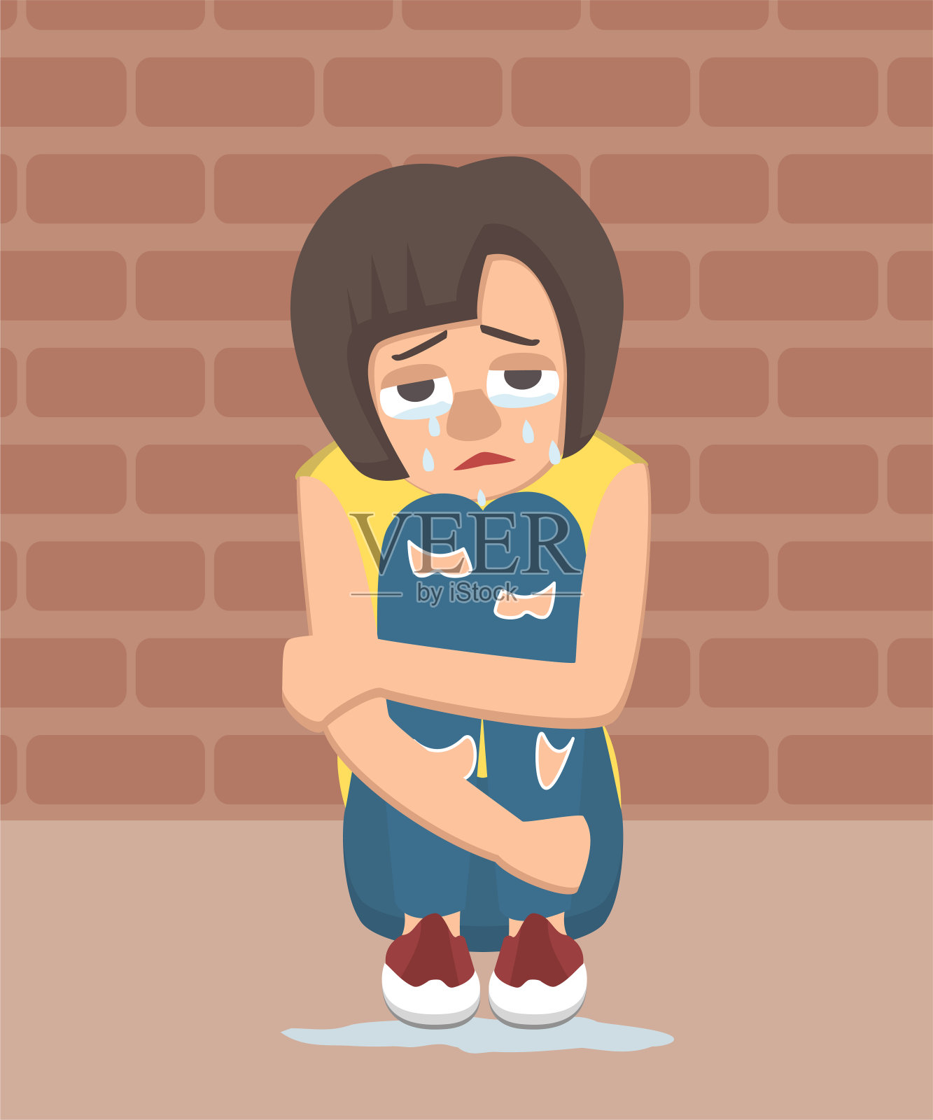 哭泣的女孩坐在拥抱她的膝盖附近的墙壁矢量卡通设计元素图片