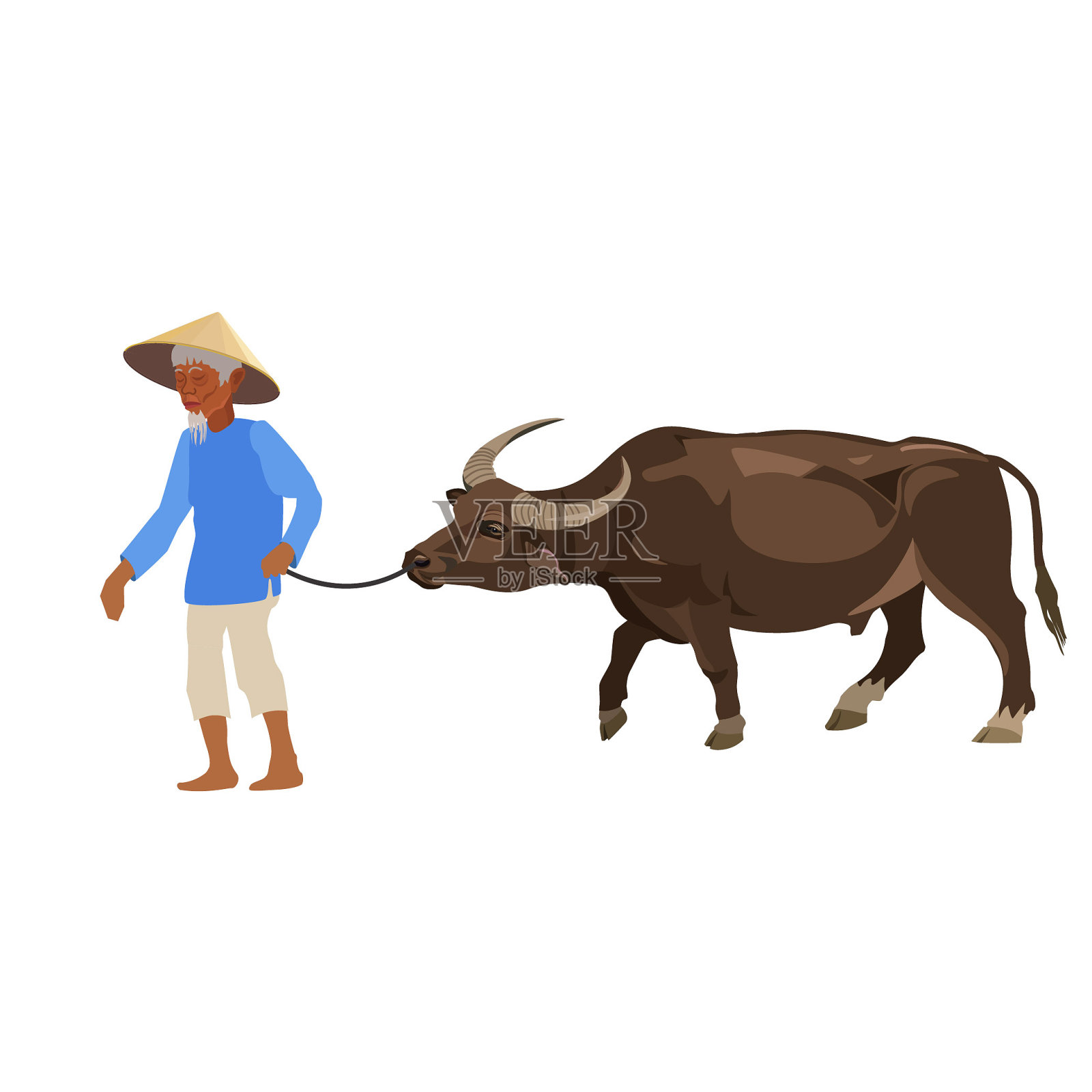农夫牵着一头水牛插画图片素材