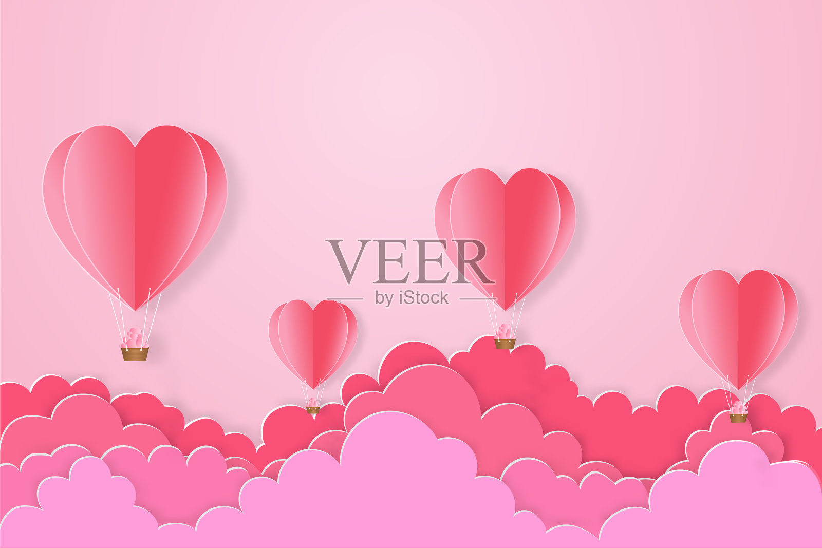 热气球和粉红色的心在粉红色的天空背景作为爱情，情人节在2月14日，婚礼和纸艺术概念。矢量插图。插画图片素材