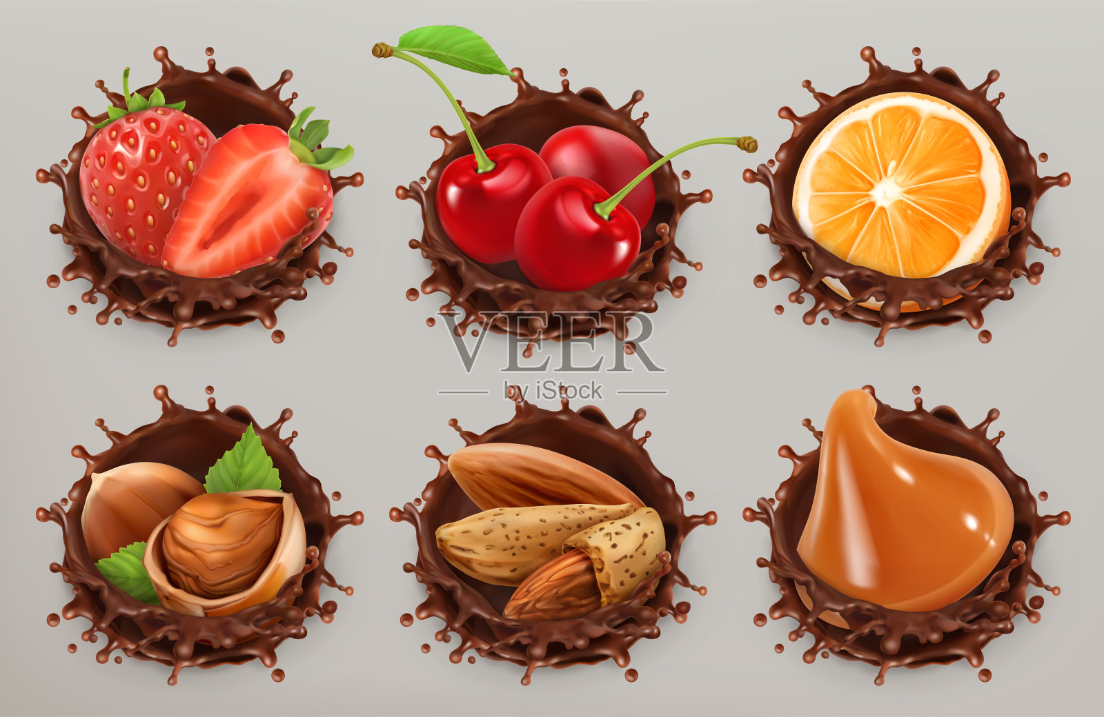 水果，浆果和坚果。现实的例子。巧克力飞溅3d矢量图标集插画图片素材