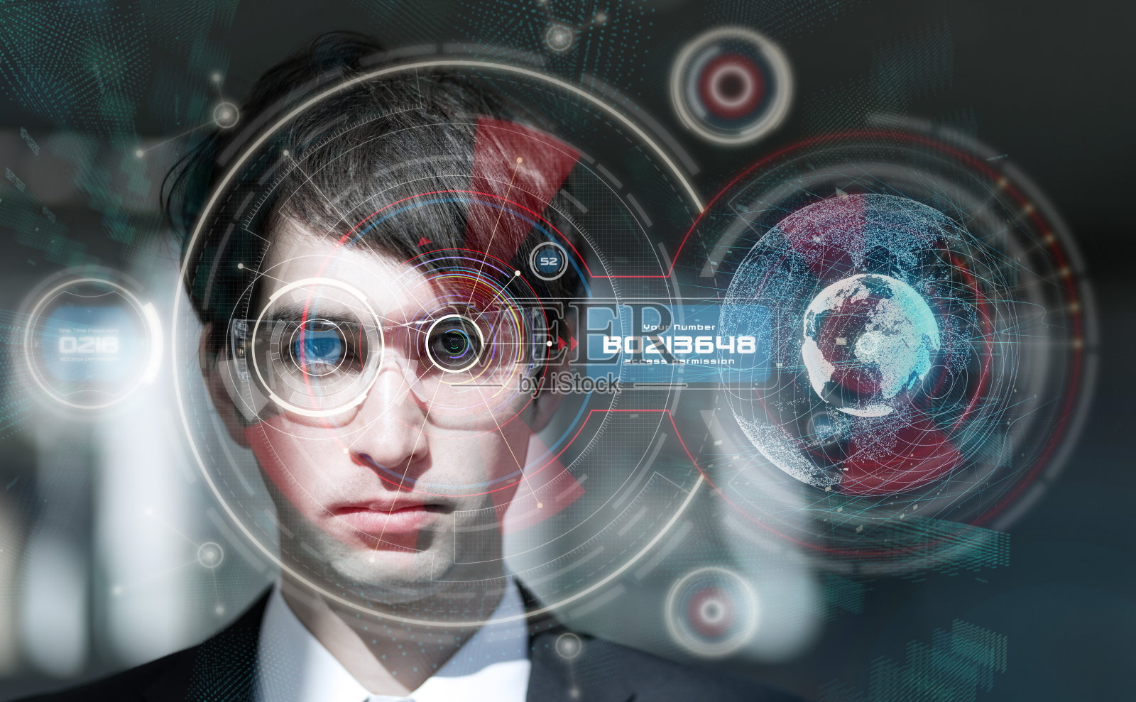 智能眼镜的概念。生物识别技术。虹膜身份验证。虚拟现实眼镜。图形用户界面。头显示。照片摄影图片