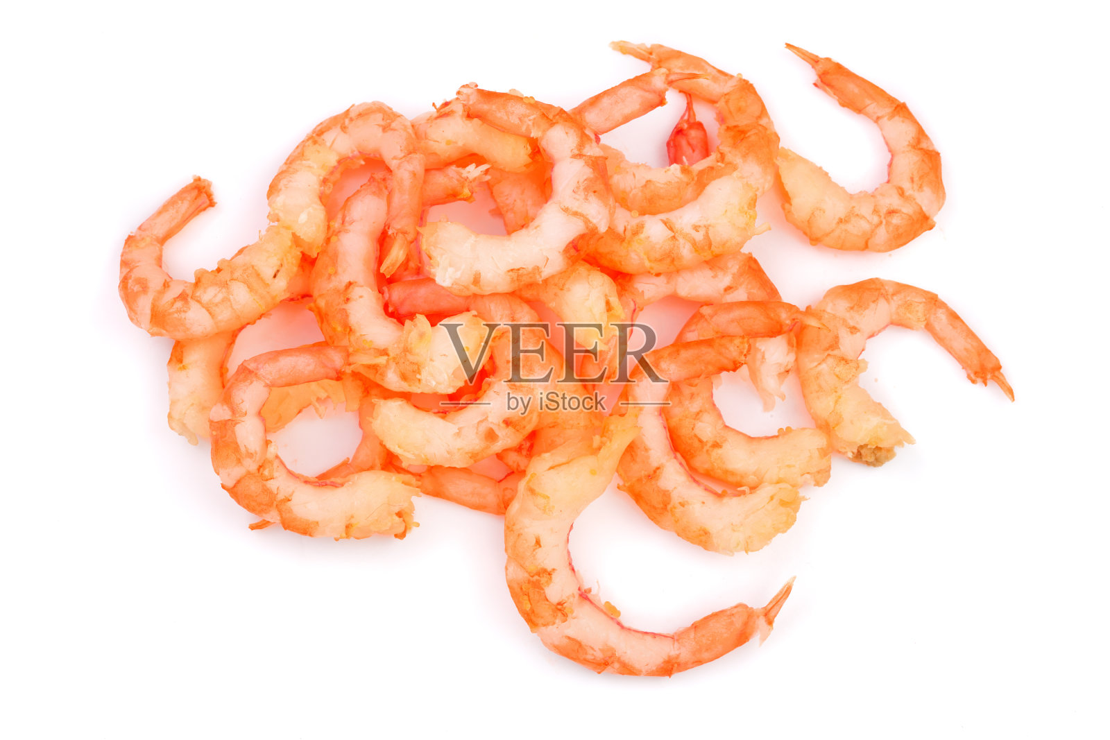 孤立在白色背景上的红煮虾或虾。前视图。平躺照片摄影图片