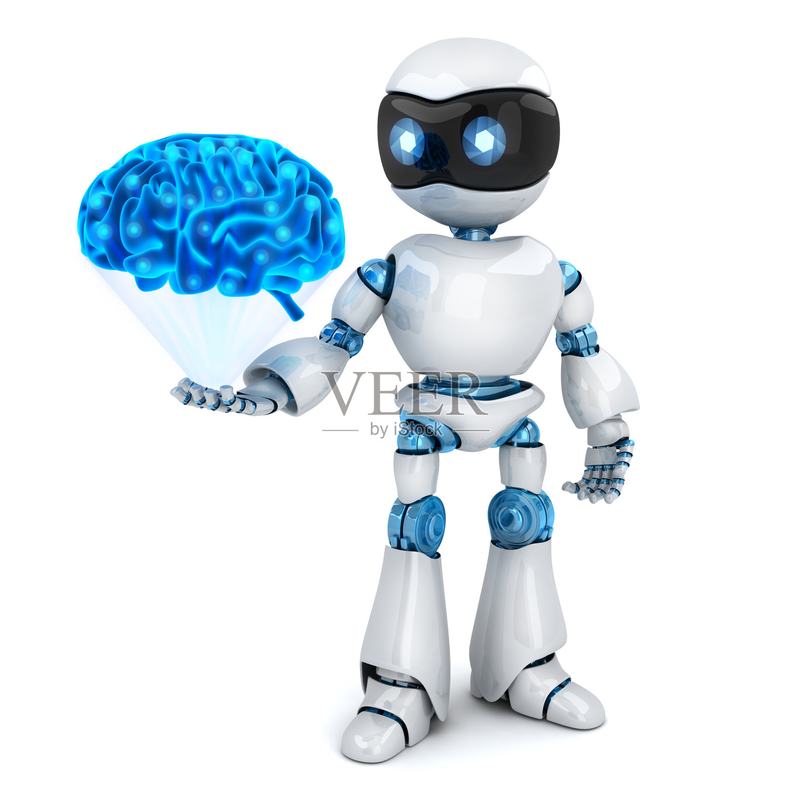 白色机器人和抽象的蓝色大脑照片摄影图片