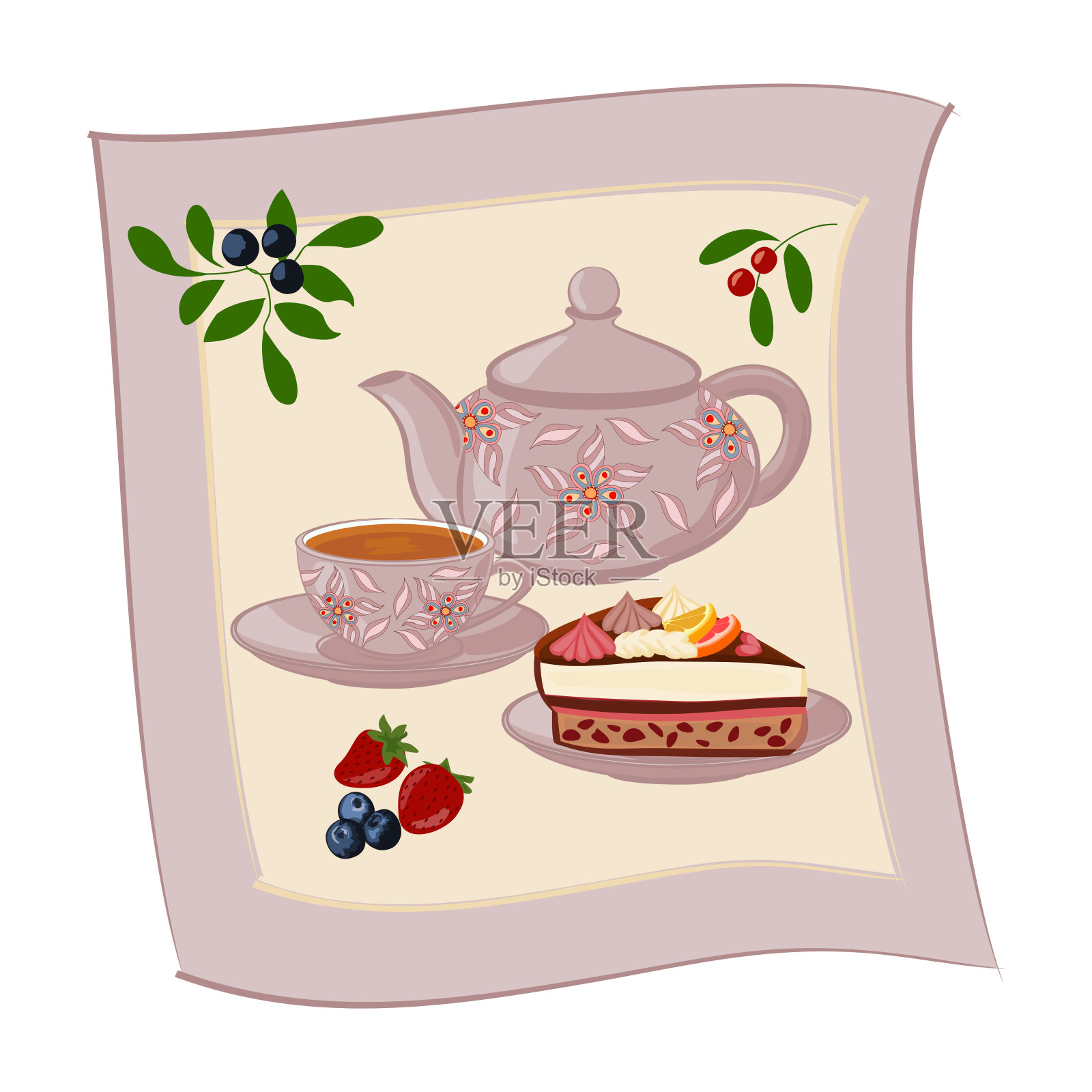 水壶，茶杯，茶，蛋糕和浆果。插画图片素材