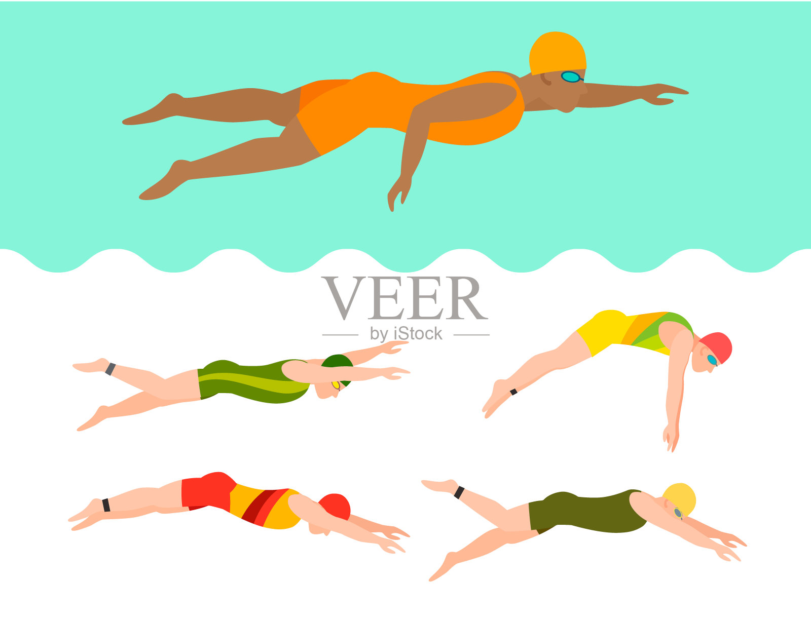 游泳矢量人风格方案不同的游泳运动员，男人和女人在游泳池运动姿势人锻炼插图插画图片素材
