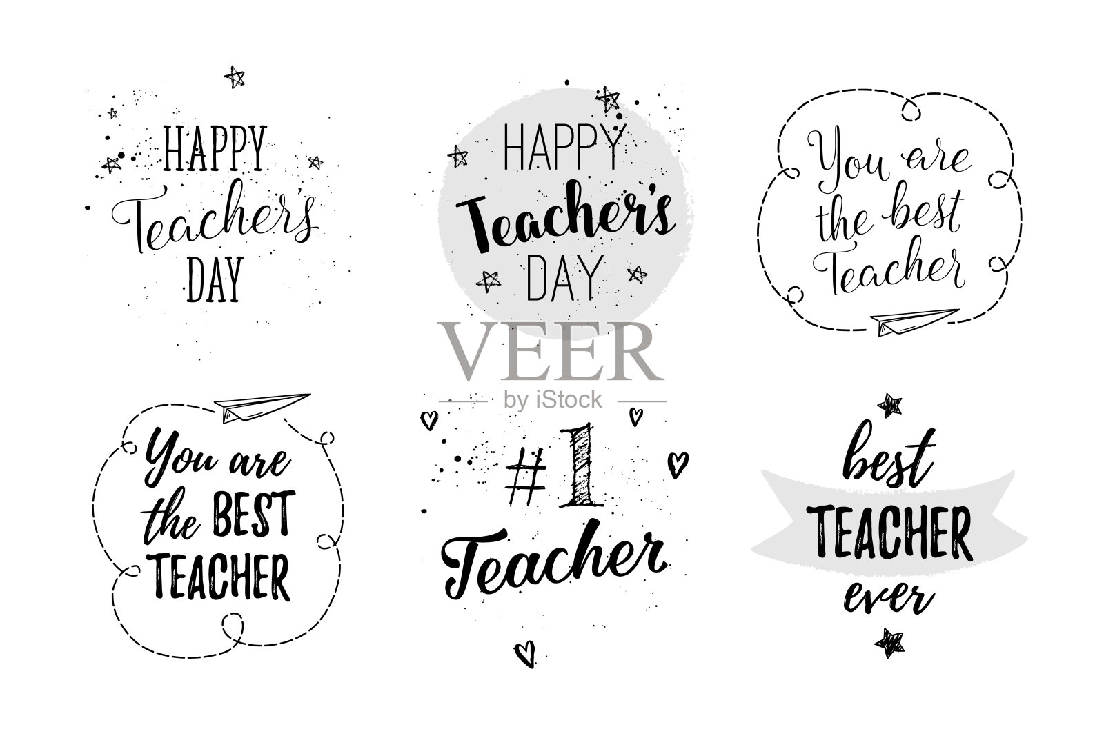 教师节快乐标签，贺卡，海报套装。矢量引用我爱我的老师，你是最好的老师在白色的背景，心，星星，花，飞机。插画图片素材