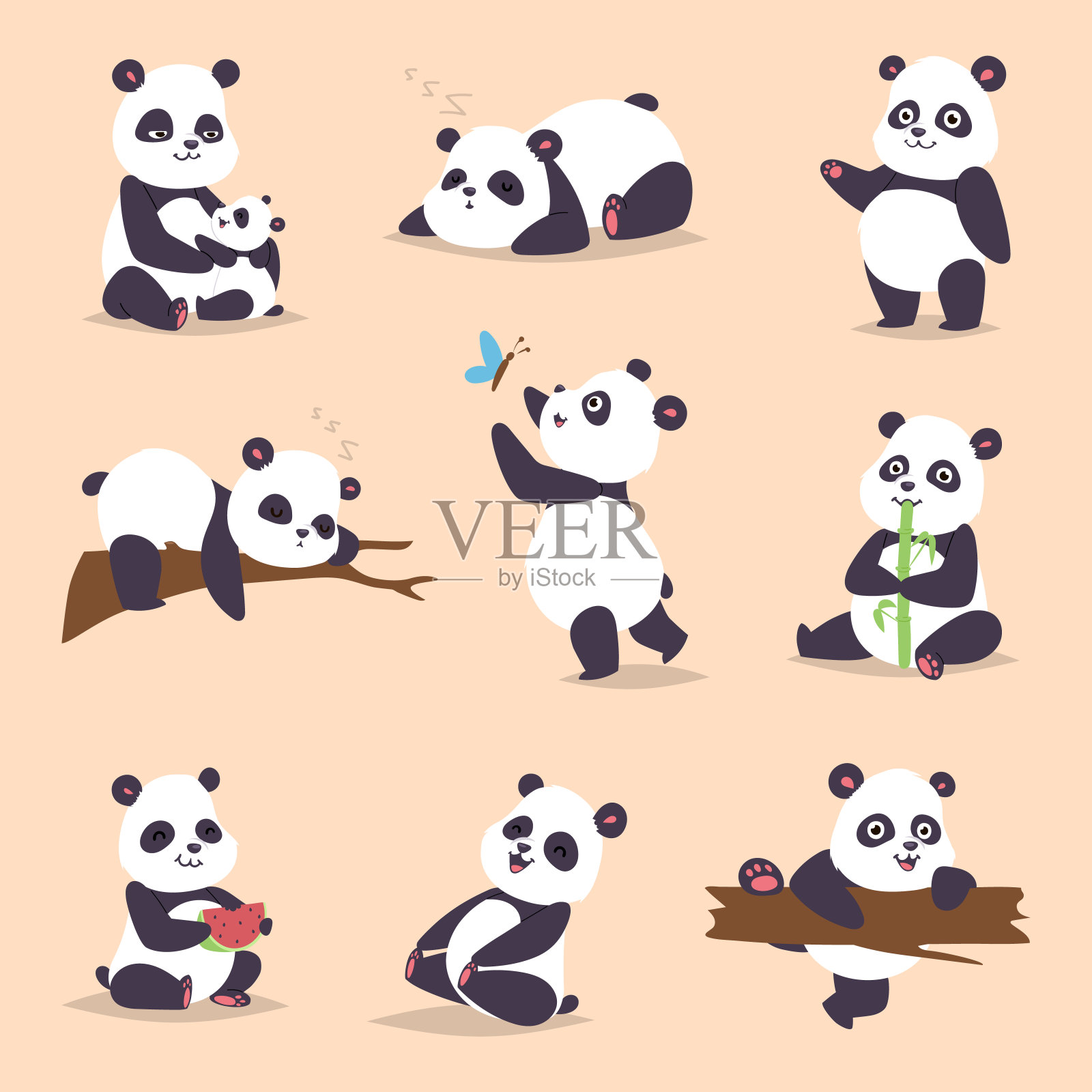 熊猫卡通人物在各种表达载体动物白色可爱中国黑色大熊猫大熊猫巨大哺乳动物脂肪野生珍稀。躺在树林里的大熊猫，吃竹子的中国野生动物插画图片素材