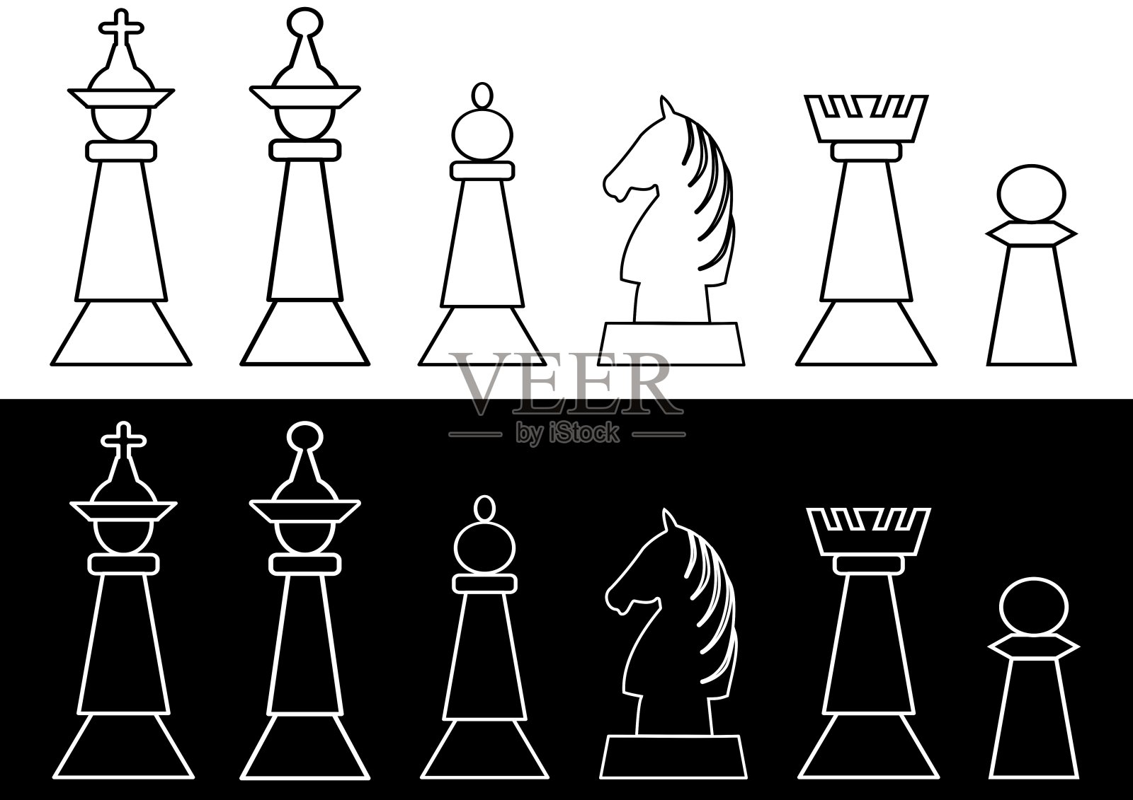 完整的一套黑白棋子，国王和王后，车，象，骑士，卒，轮廓设计插画图片素材