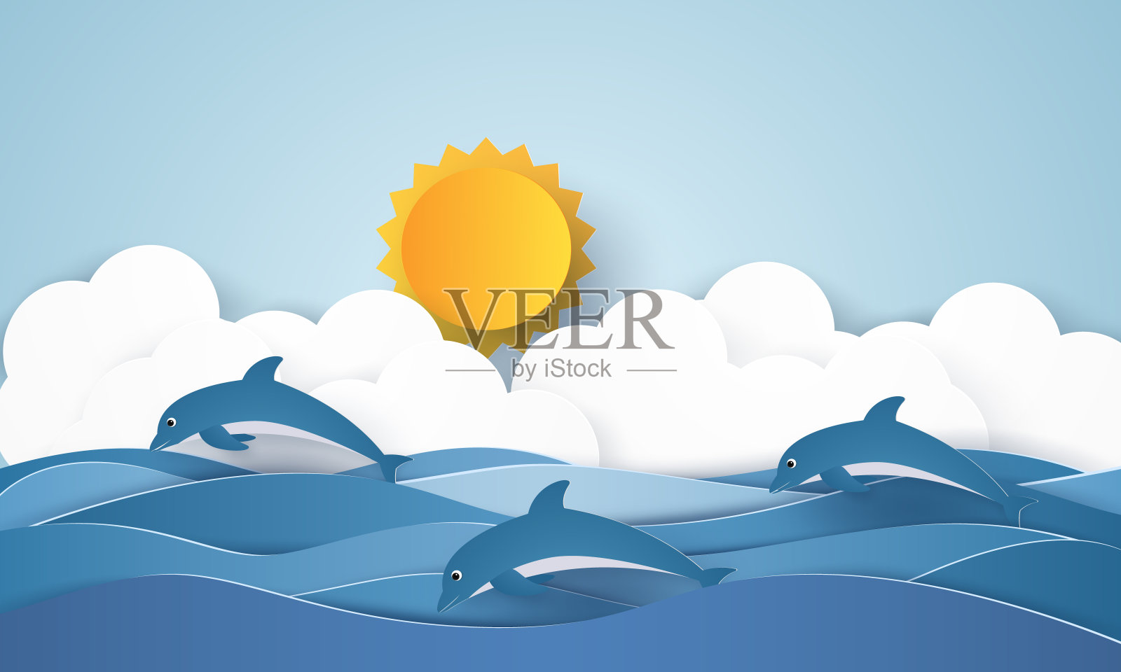 海与海豚和阳光，纸艺术风格设计元素图片