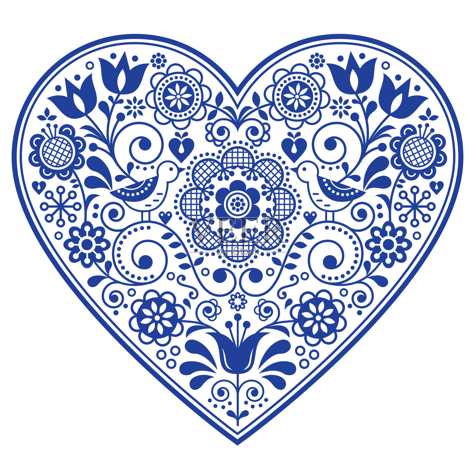 斯堪的纳维亚民间心形矢量设计，情人节，生日或婚礼贺卡，海军蓝花卉图案插画图片素材