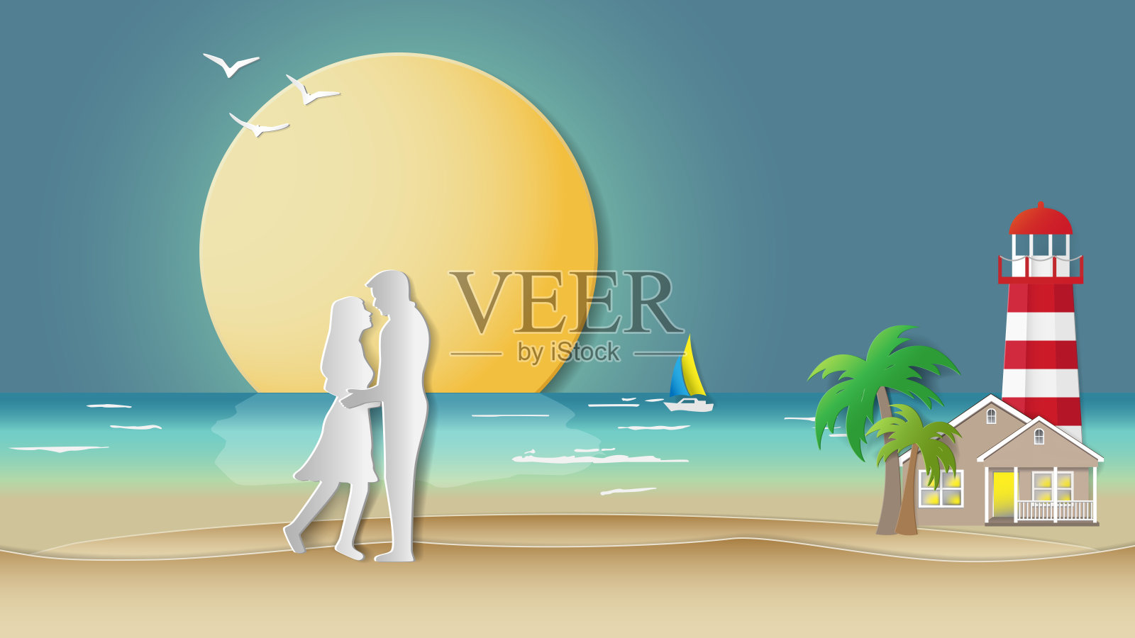 假日旅行的概念，情侣们在有灯塔、棕榈树和满月的海滩上拥抱插画图片素材
