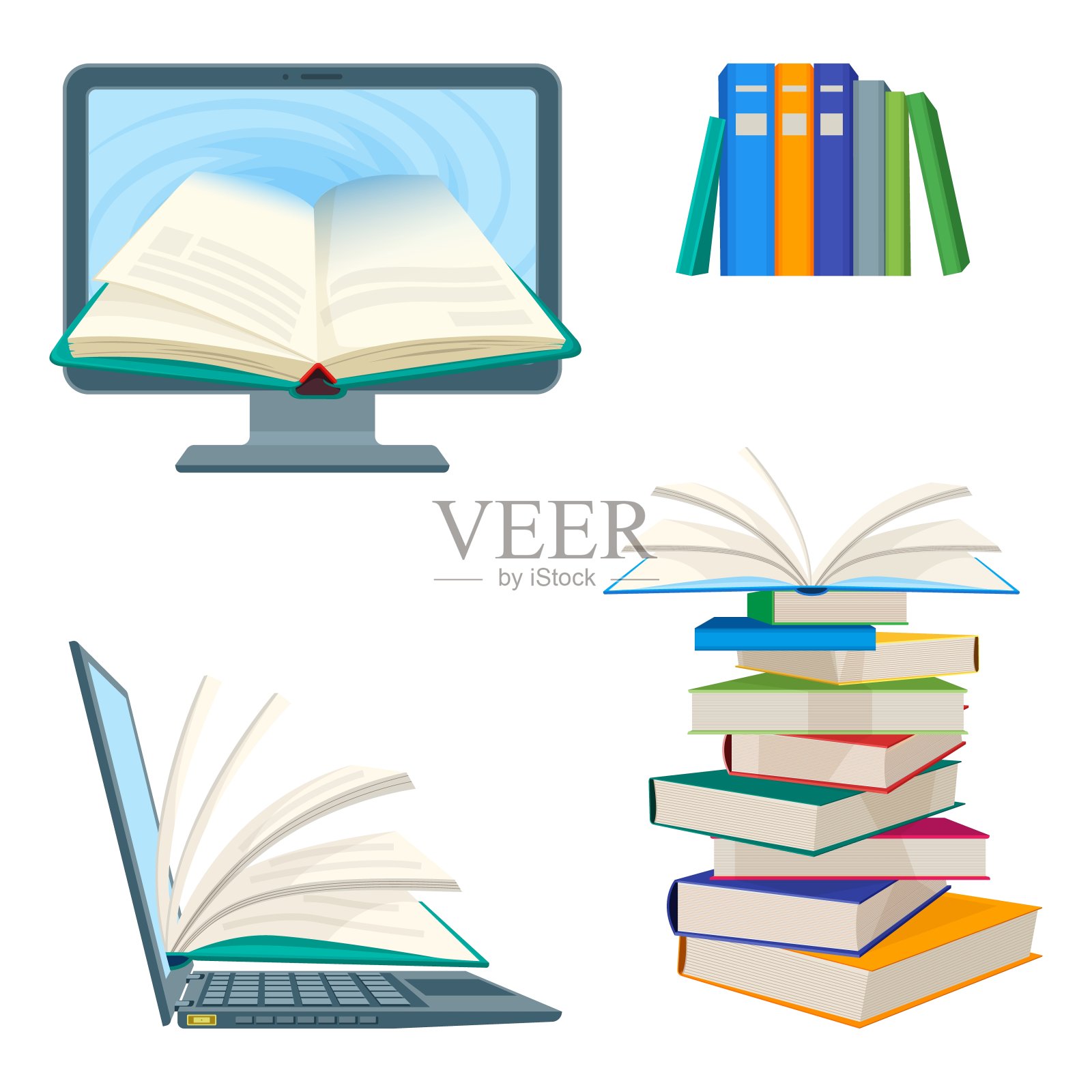 网上百科全书海报与电脑和笔记本，数字教科书设计元素图片