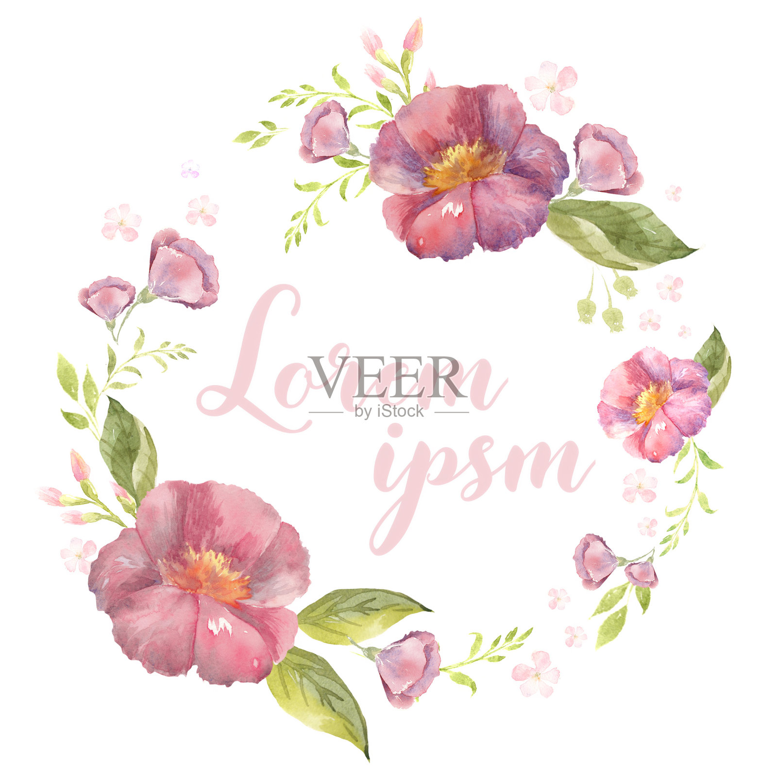 春天的花环从粉红色的水彩花蕾与文字的空间。插画图片素材