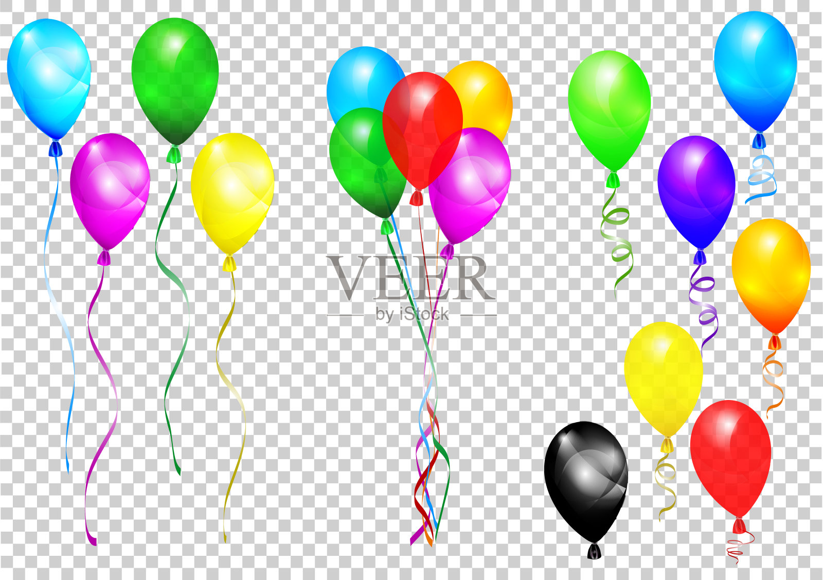 一群群彩色的氦气球孤立在透明的背景上插画图片素材