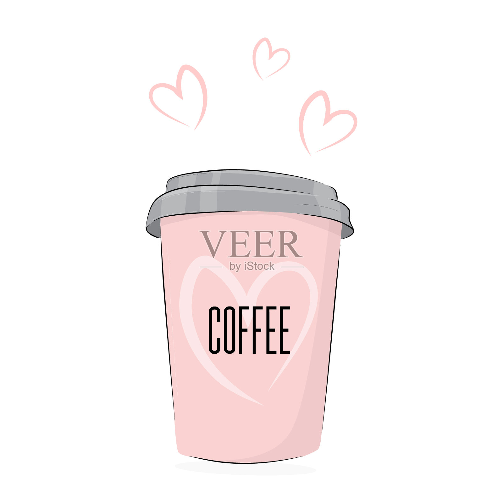 向量的咖啡。可爱的食物插图:一杯饮料配上可爱的文字。咖啡馆海报上有粉红色的早餐饮料。早餐浓缩放松店套餐插画图片素材